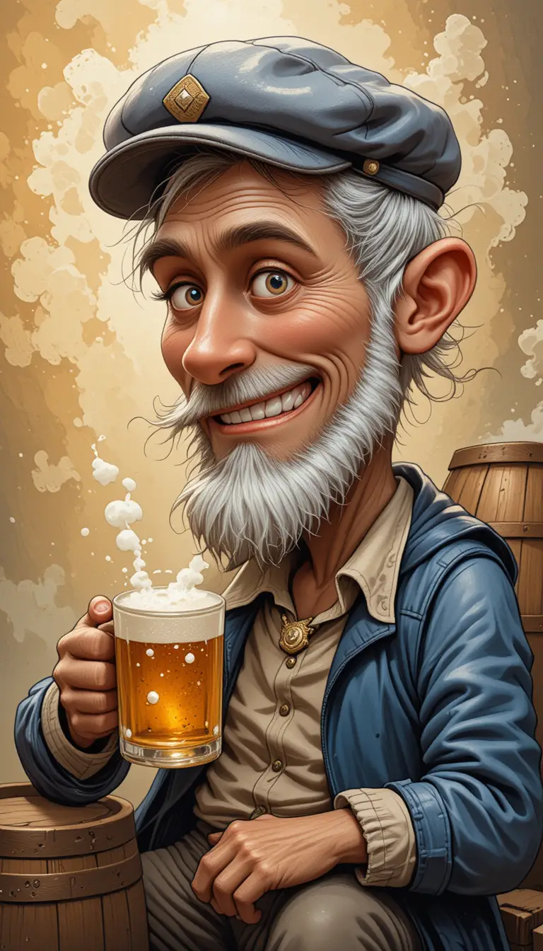 Vieil homme joyeux avec une chope de bière dans une scène de bar cartoon
