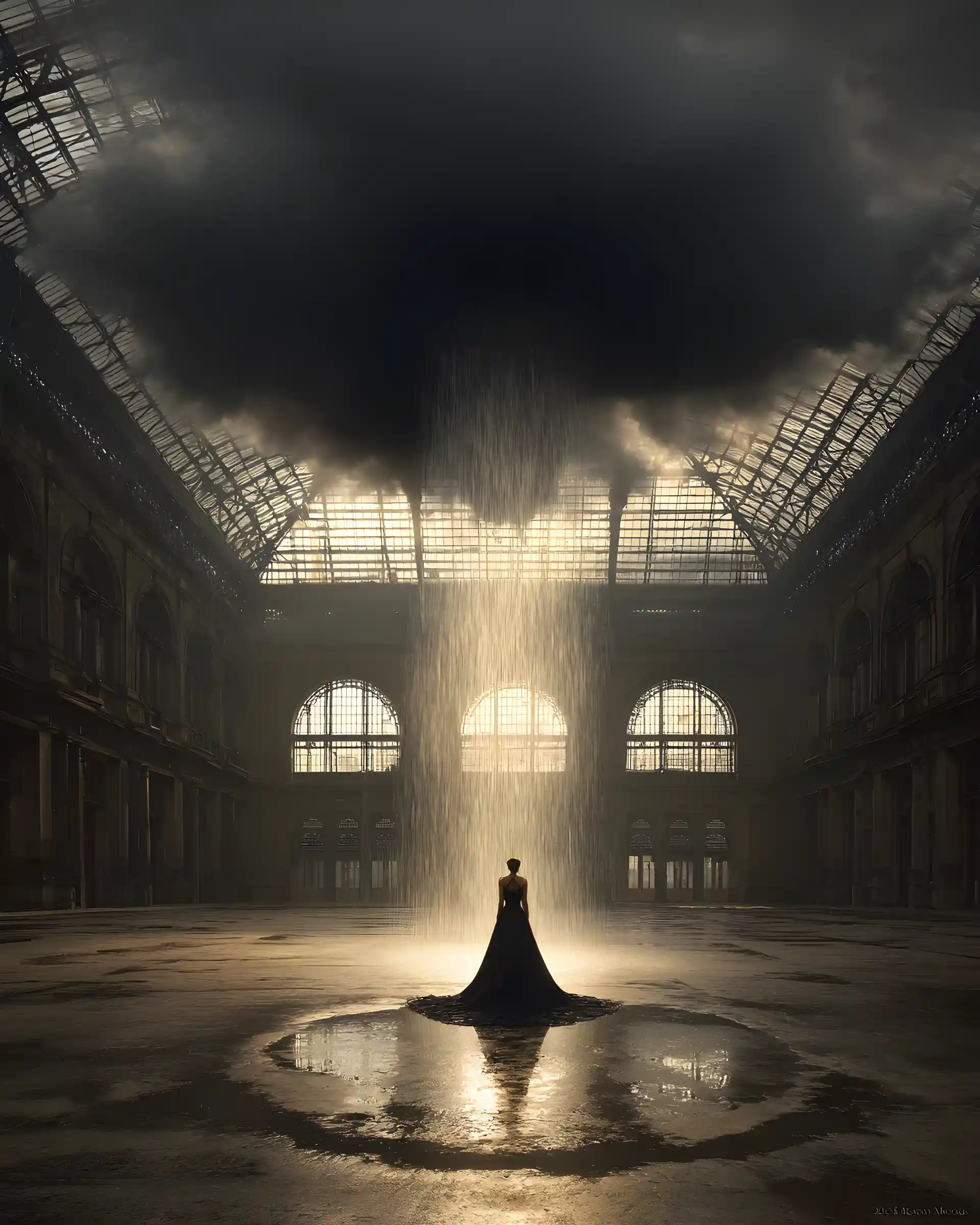 Femme en robe noire sous un nuage de pluie dans une grande gare
