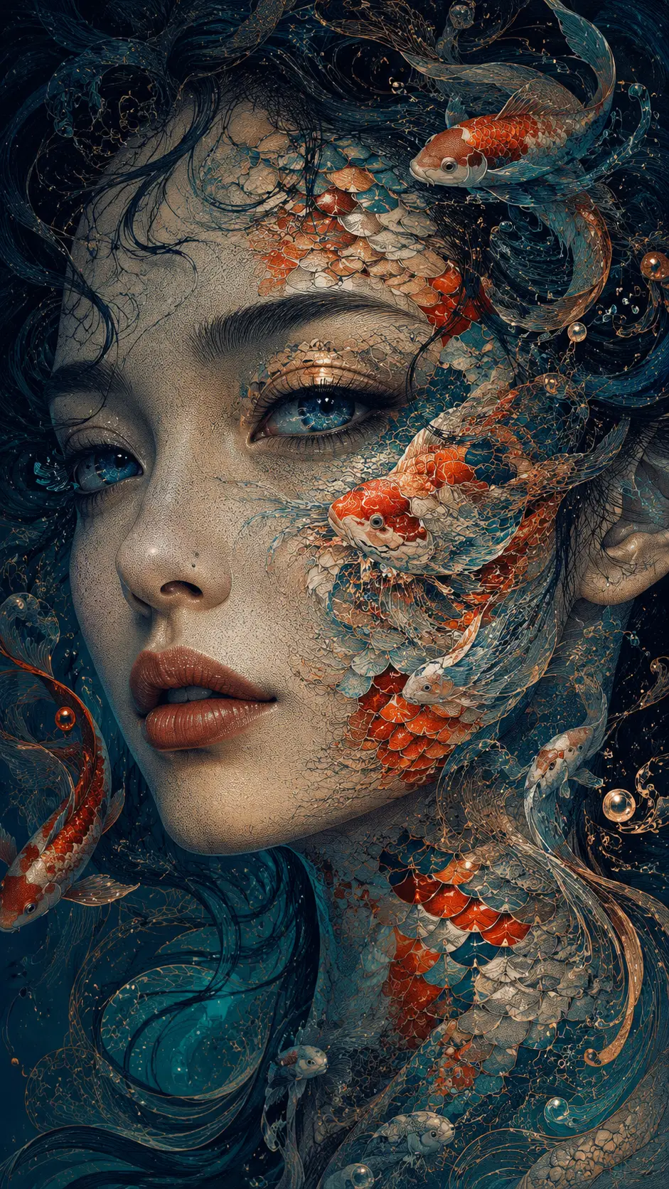 Surreal woman with koi scales emerging across her face