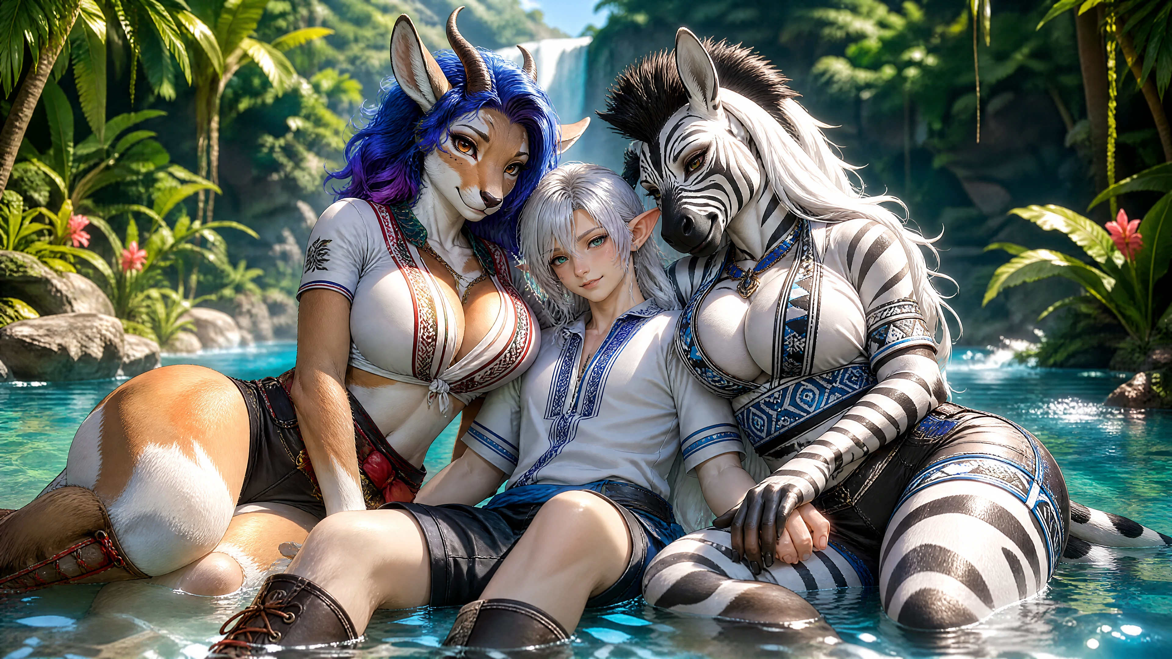 Three fantasy lovers relaxing in a jungle pond