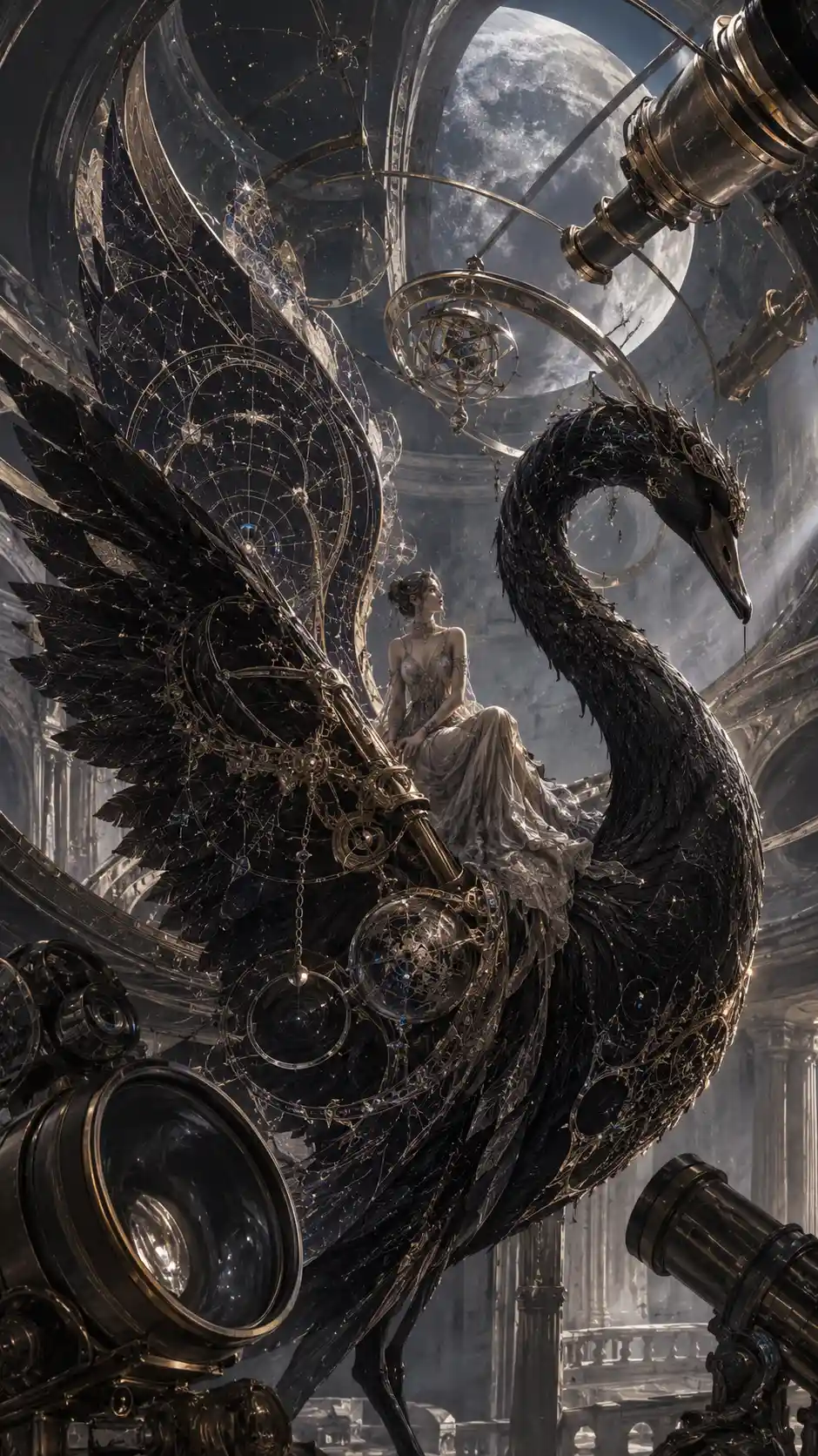 Giant black swan carrying a tiny woman through an observatory