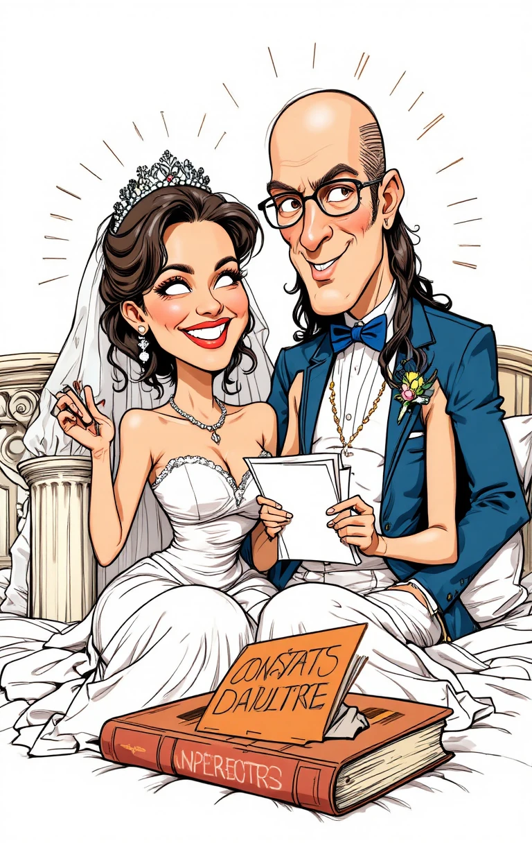 Verspielte Cartoon-Illustration eines frisch verheirateten Paares