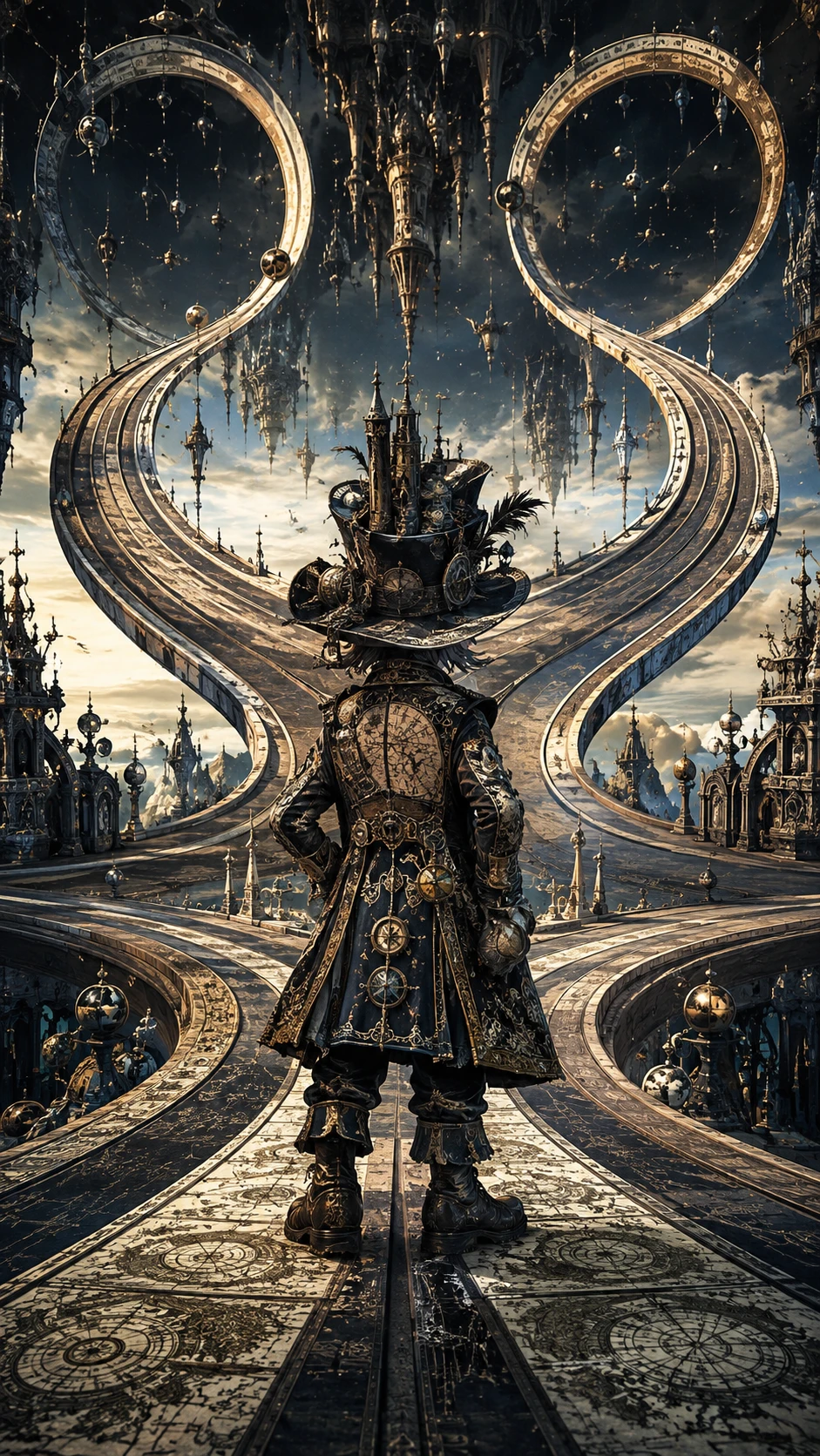 Tiny aristocratic wanderer at surreal crossroads in the sky