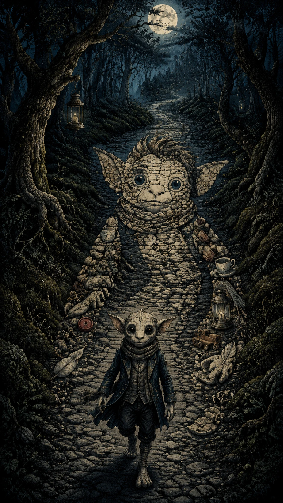 Fantasy creature on a winding stone path in enchanted forest
