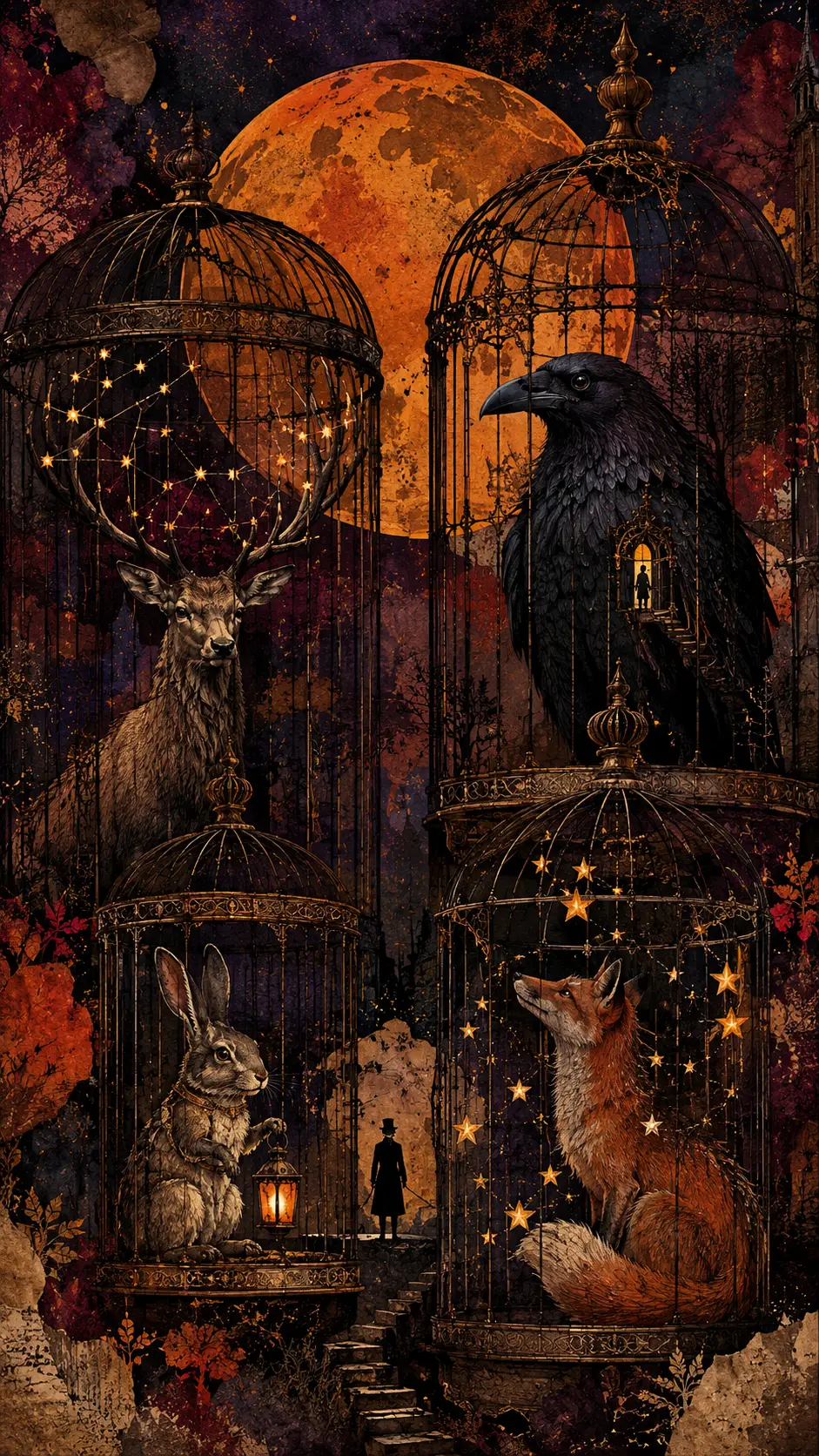 Surreal menagerie of caged animals beneath a vast moon
