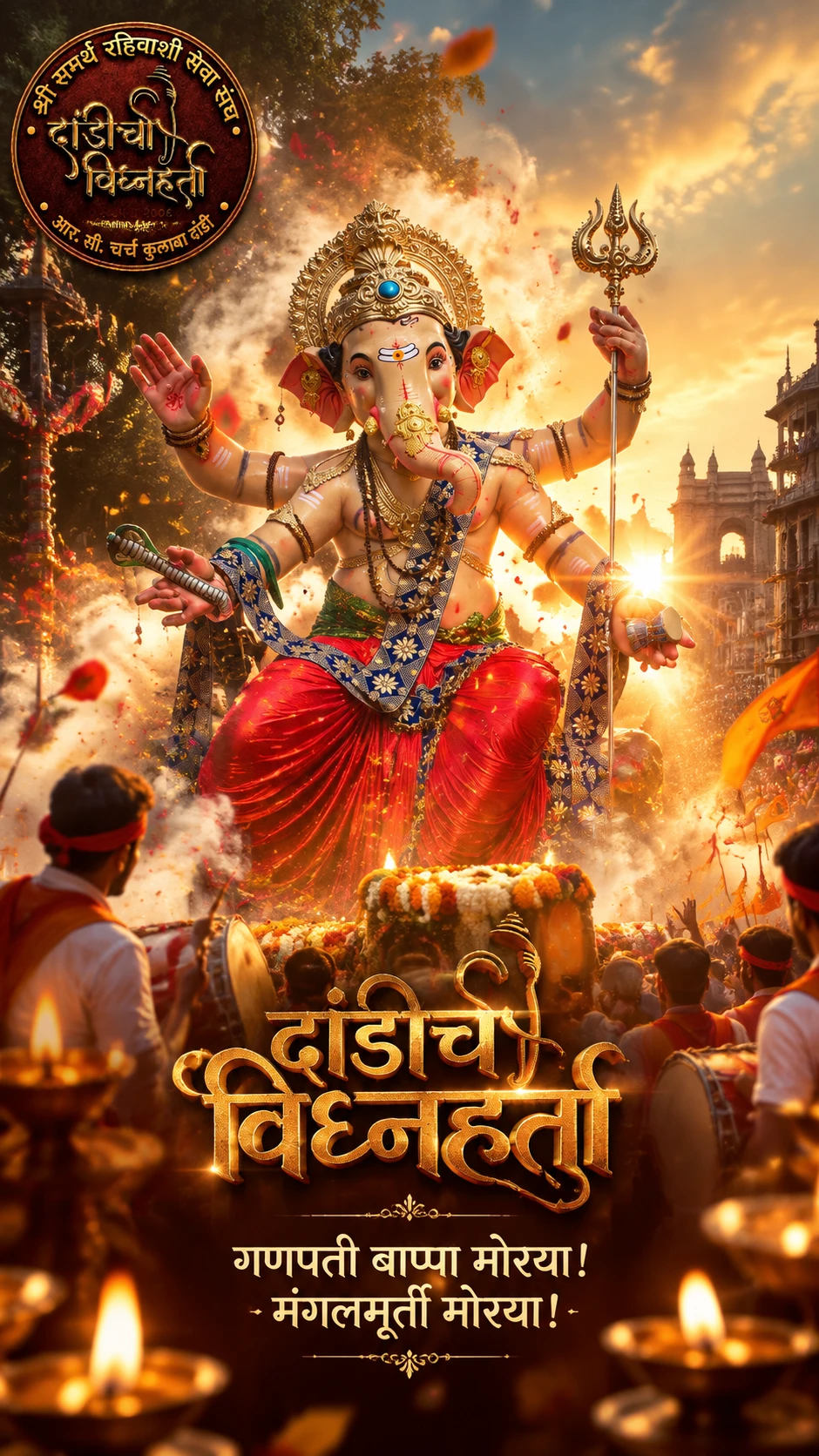 Dramatic close up of Lord Ganpati with glowing temple diyas
