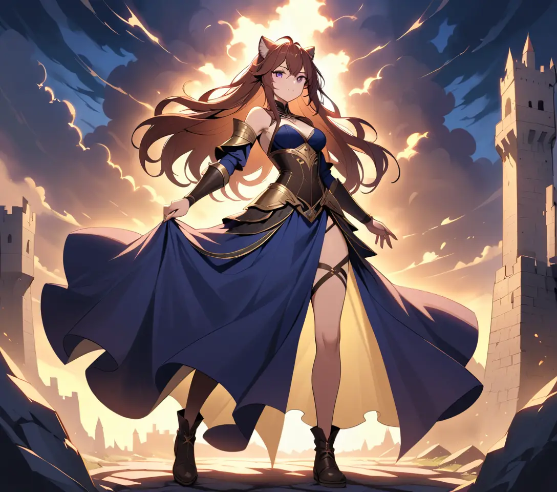 Tiger warrior maiden in a ruined medieval fortress