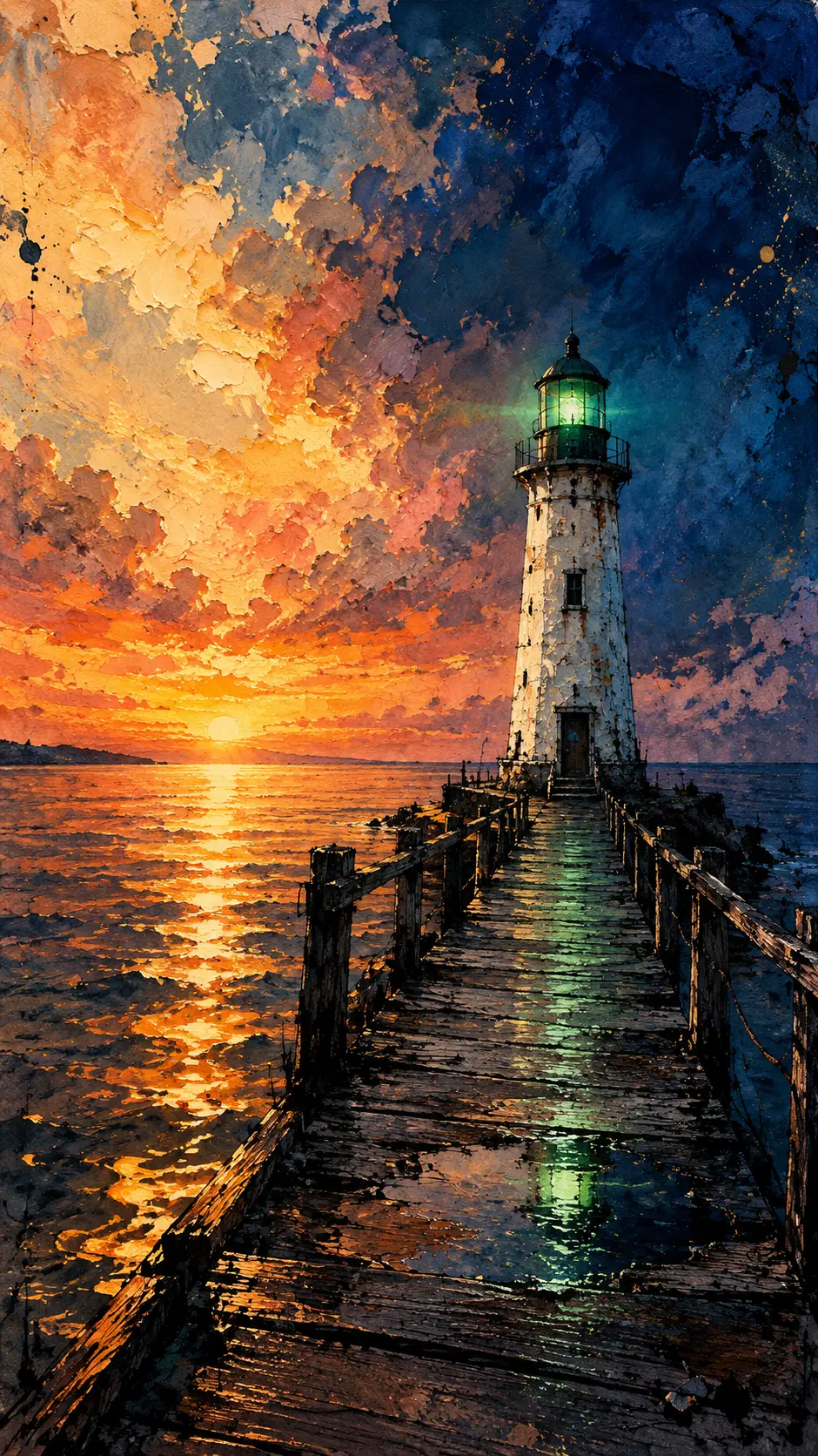 Lighthouse at the end of a wooden pier at sunset