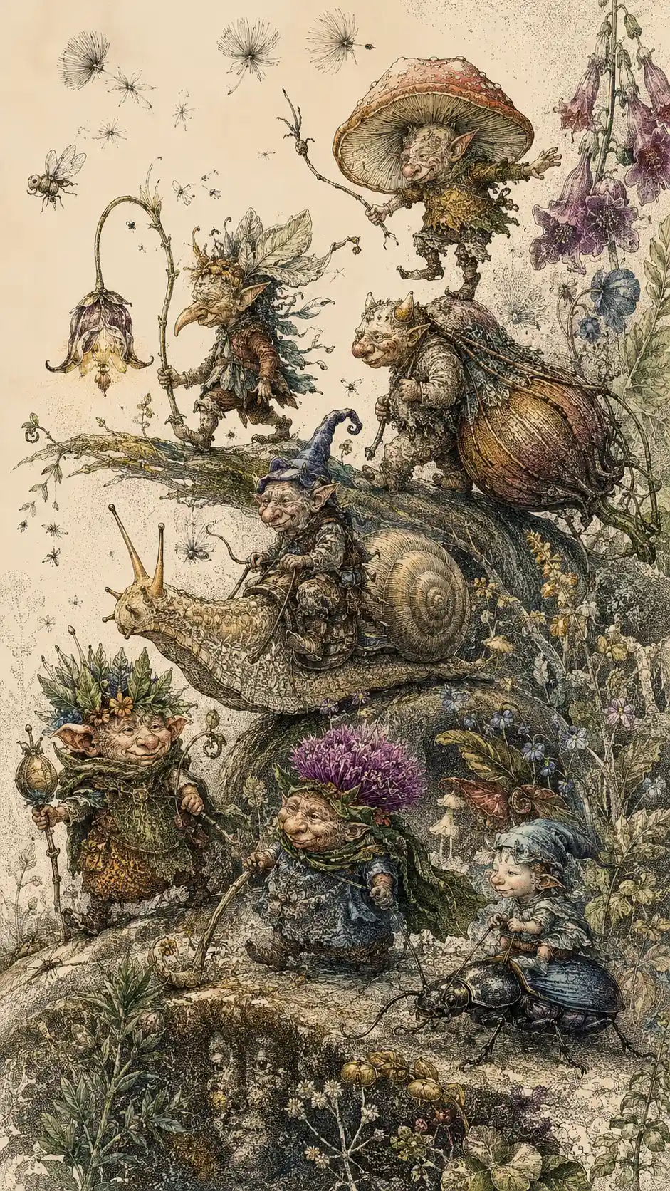 Whimsical procession of original forest spirits in ink illustration