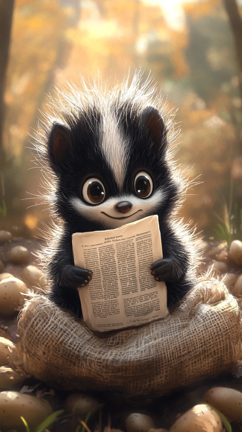 Grumpy Cartoon Skunk Reading A Newspaper On Potato Sack
