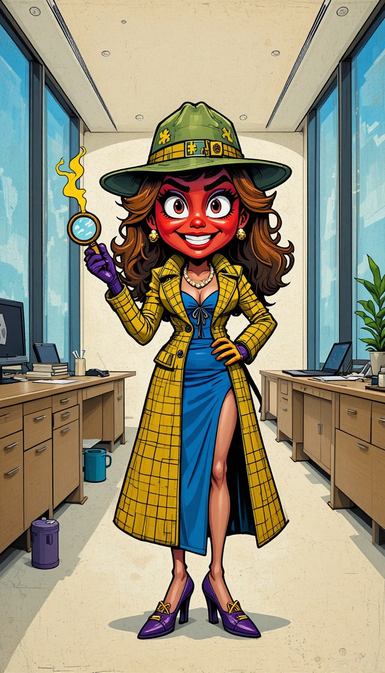 Cartoon red virus detective with magnifying glass and pipe