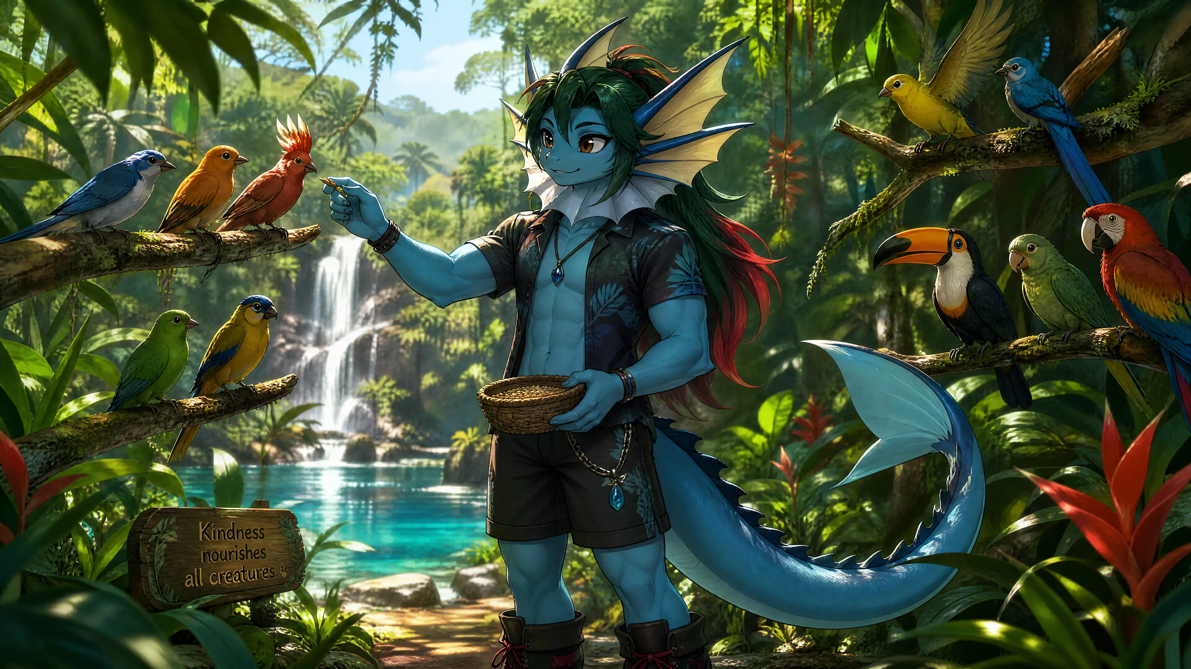 Anthro Vaporeon feeding birds in a lush tropical jungle