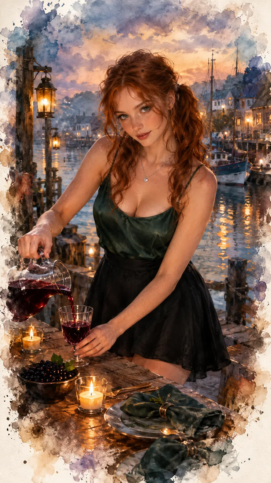 Young woman pouring juice at a romantic harbor table