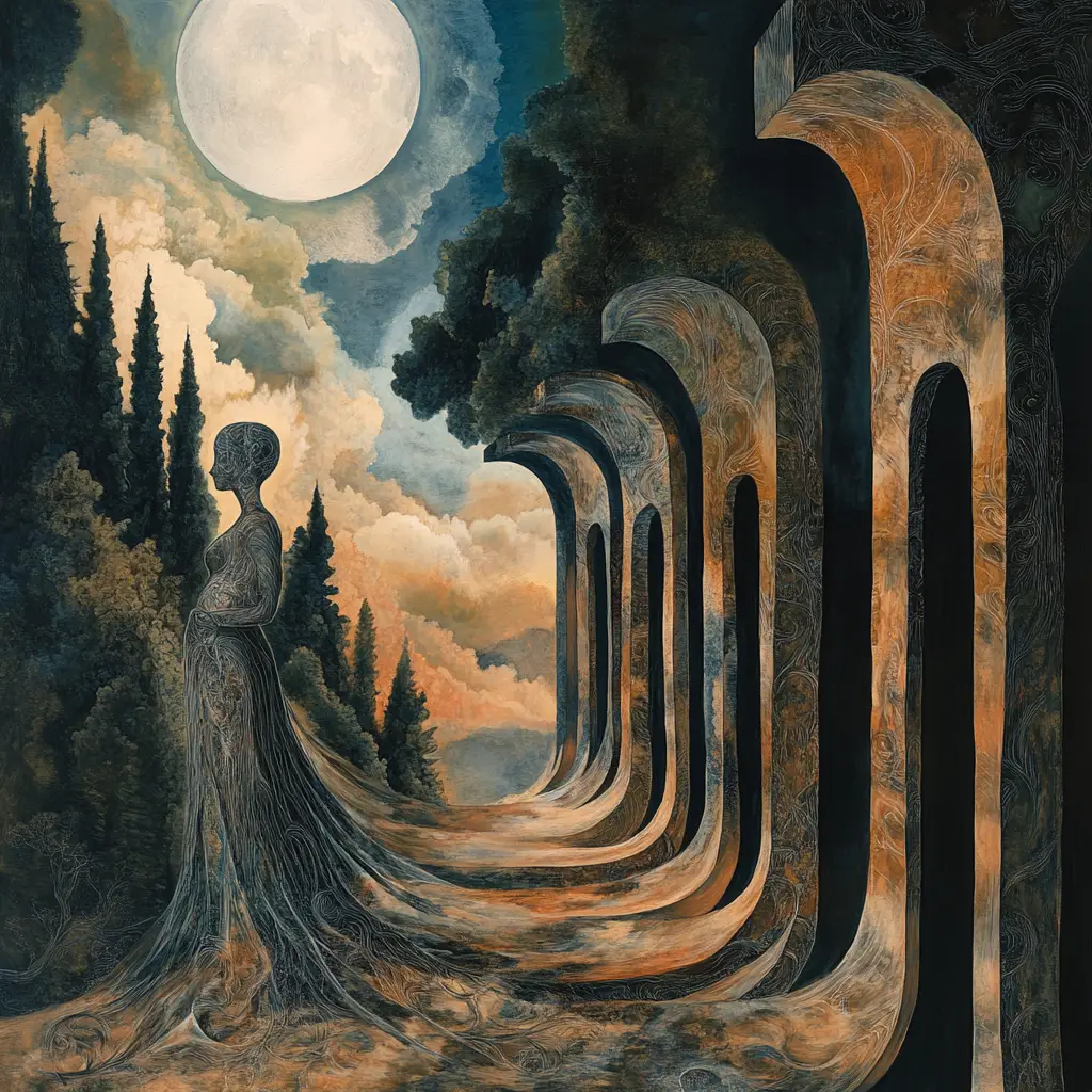 Rubenesque woman merging with surreal dreamlike landscape