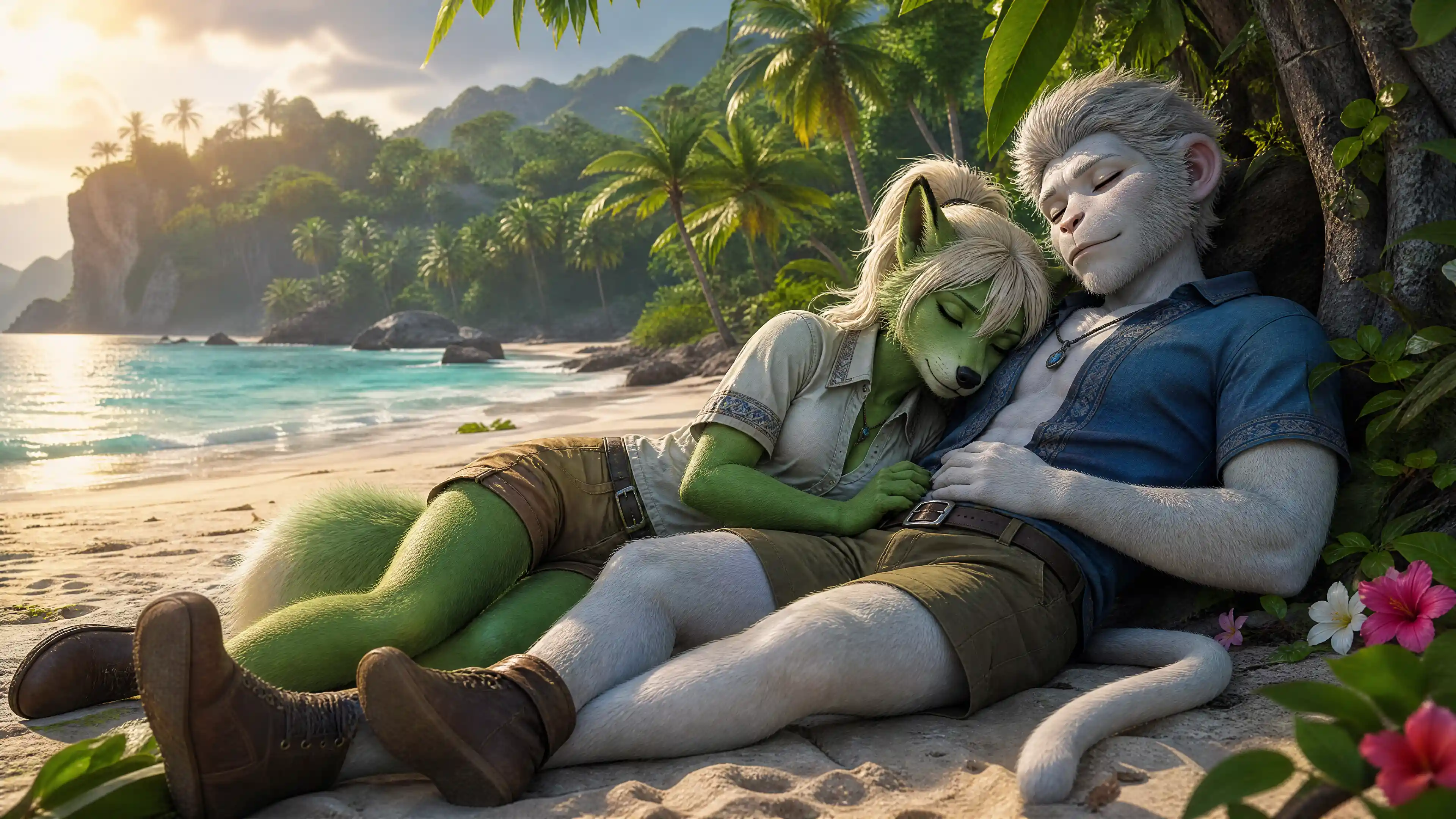 Anthro wolf and monkey couple sleeping on tropical beach