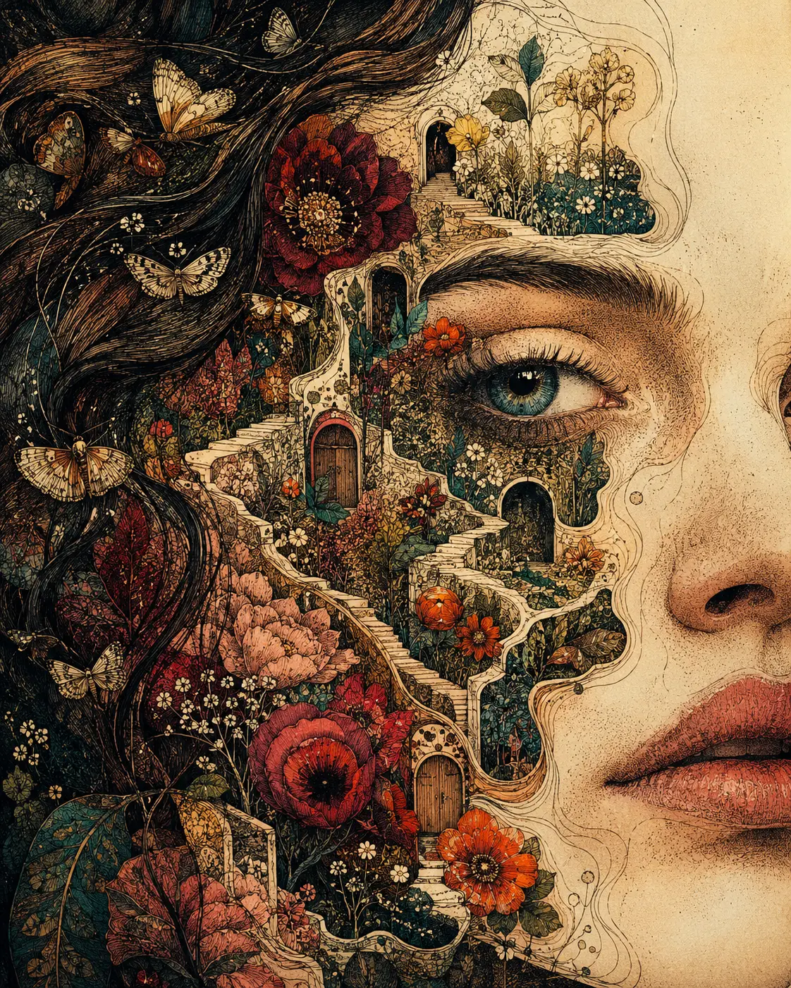 Surreal Woman Portrait Opening Into A Hidden Garden