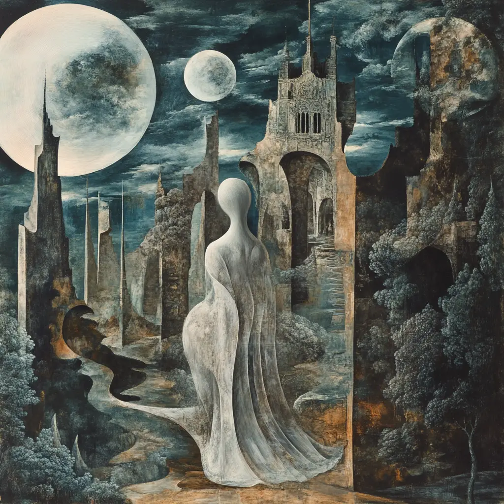 Surreal woman emerging into a dreamlike mystical landscape