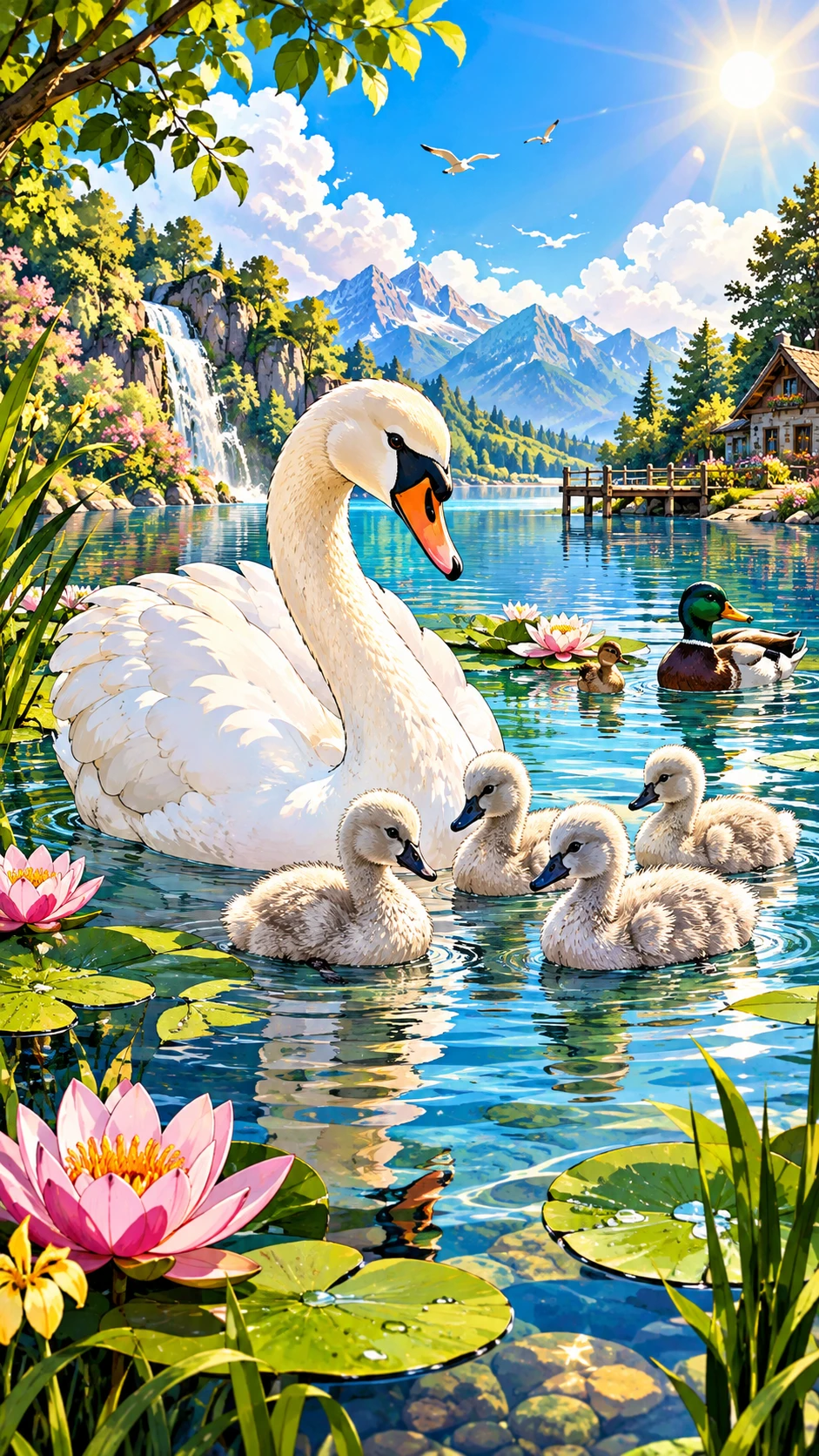 Colorful waterbirds gliding across a bright sunny pond