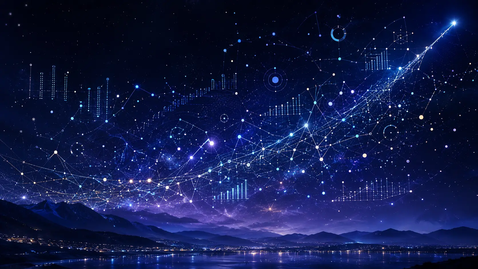 Vaste ciel nocturne de constellations de données lumineuses et de graphiques