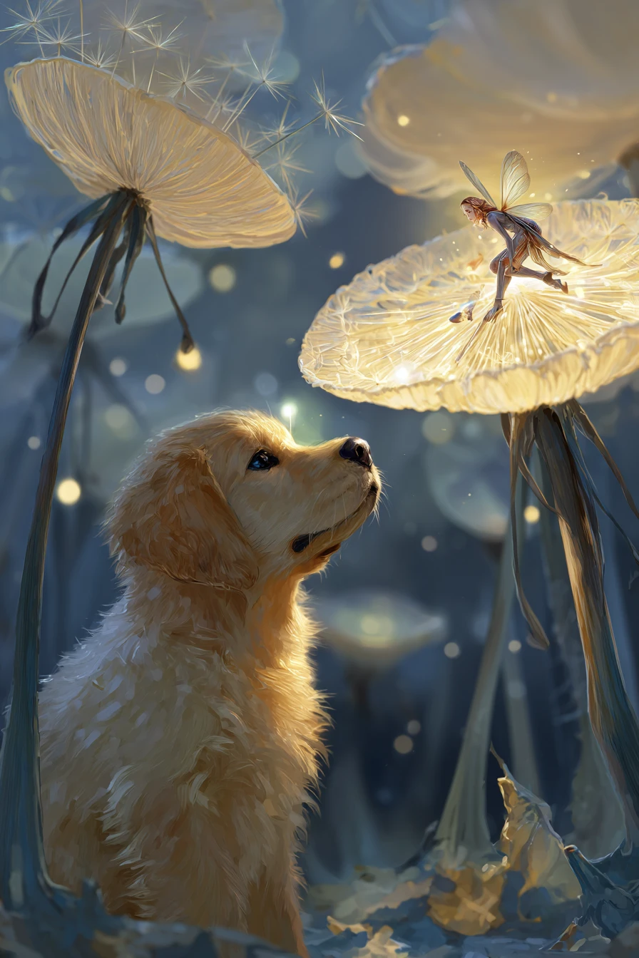 Cachorro golden retriever con hada brillante en campo de diente de león