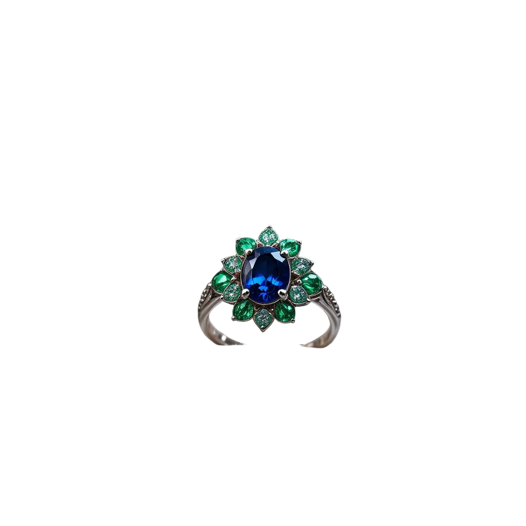 Emerald and sapphire wedding ring in black velvet box