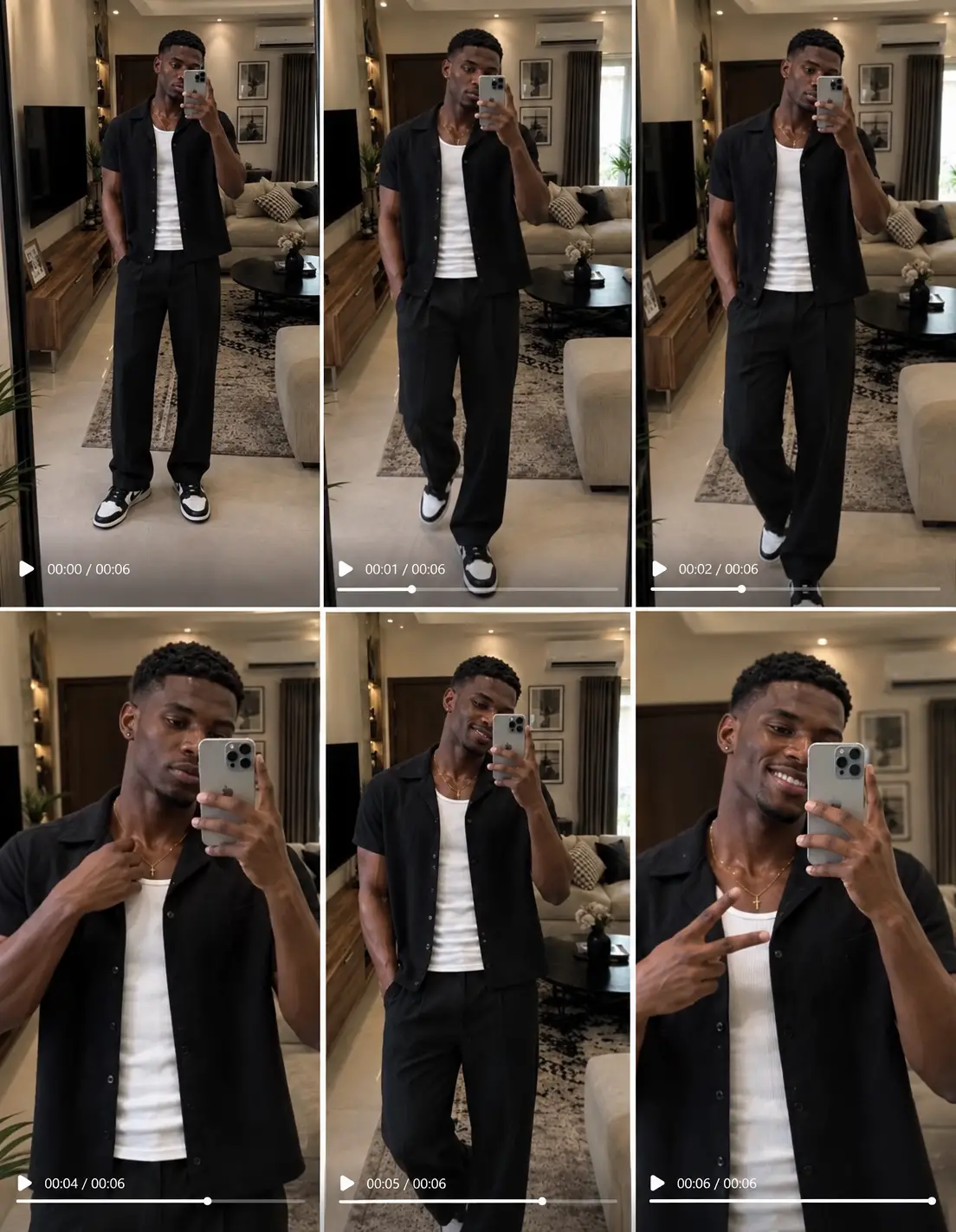 鏡のフレームの中でスマートフォンで自撮りをする男性