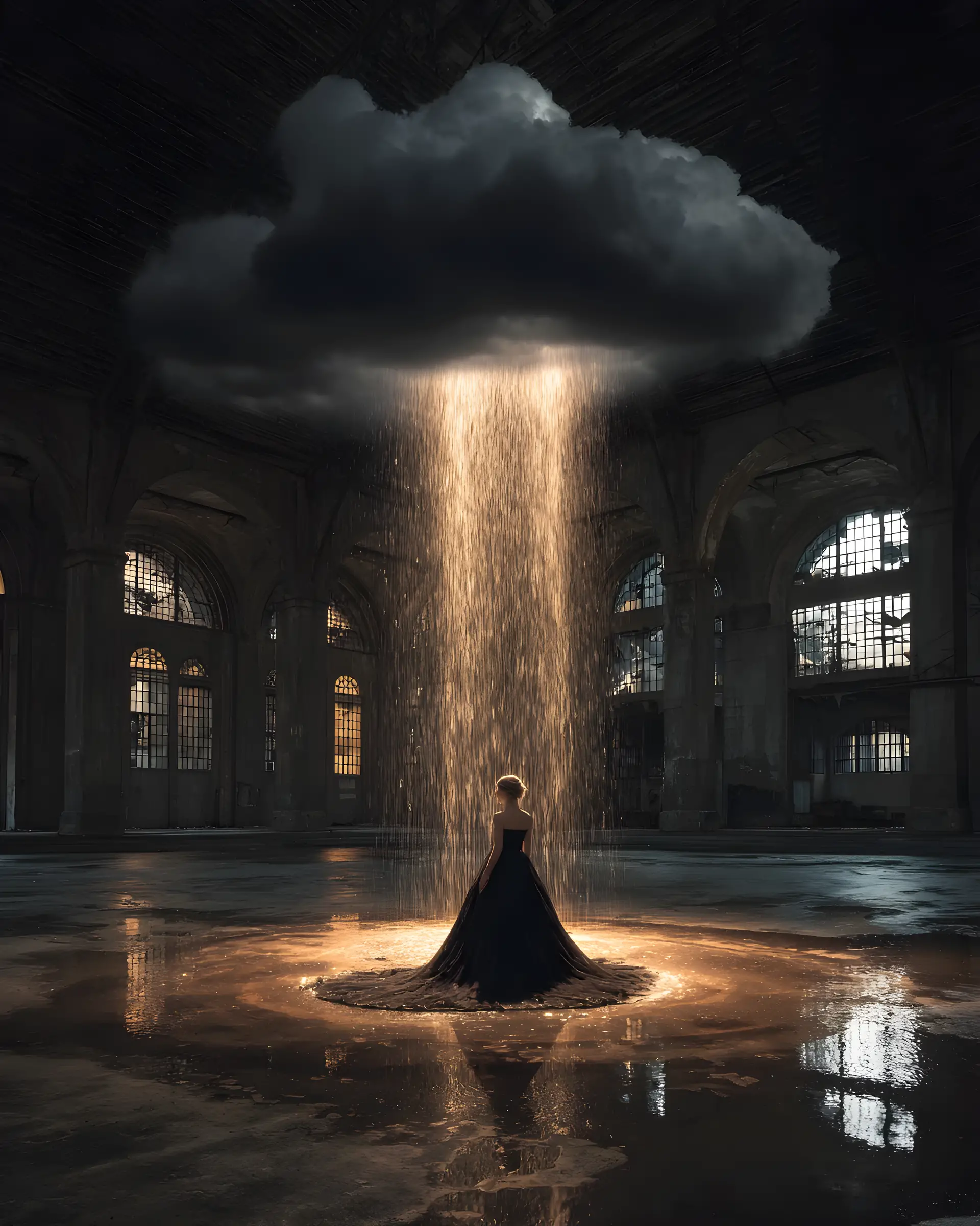 Femme en robe noire sous un nuage de pluie surréaliste