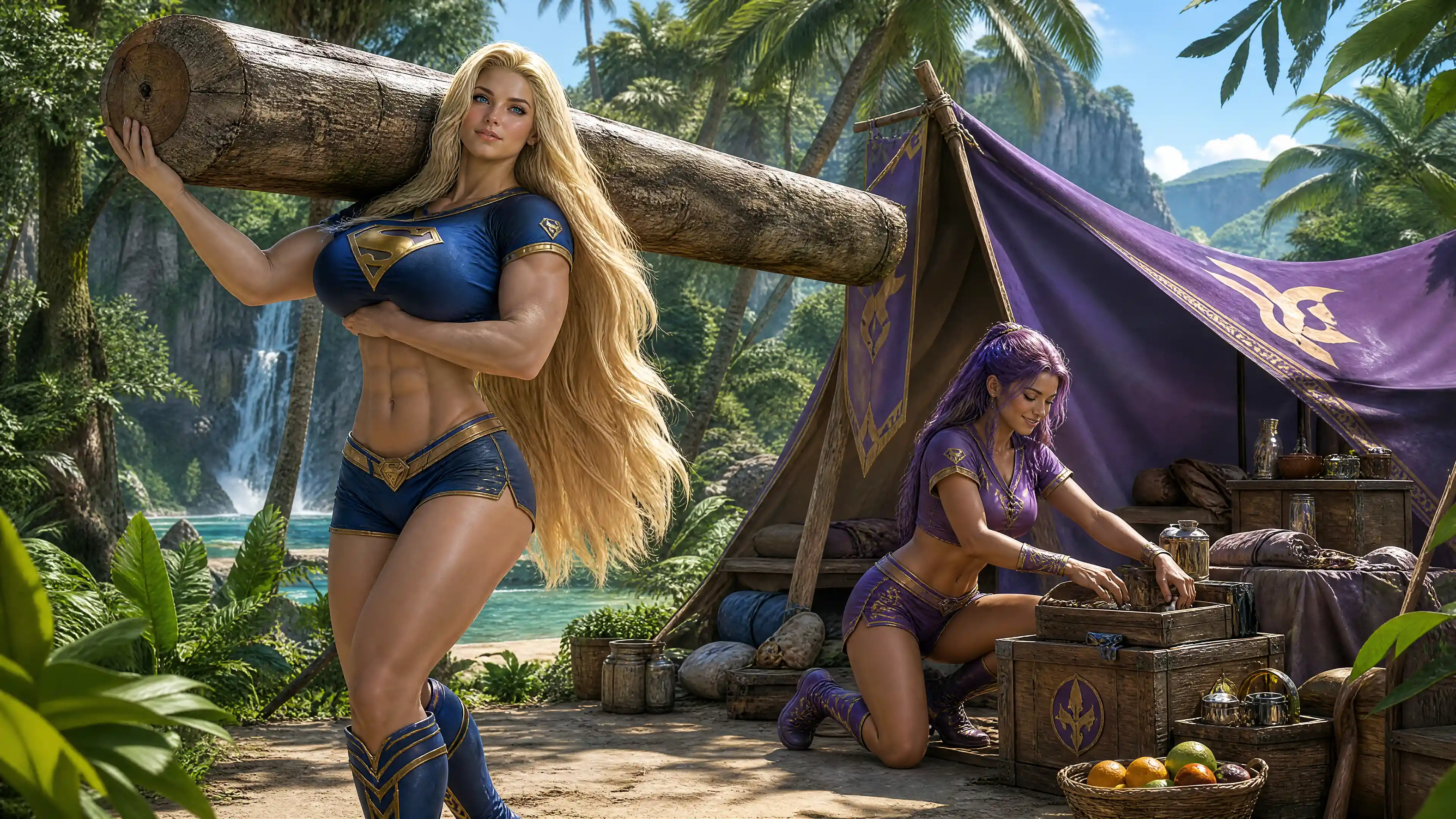 Femmes fortes de fantasy travaillant ensemble dans une jungle tropicale