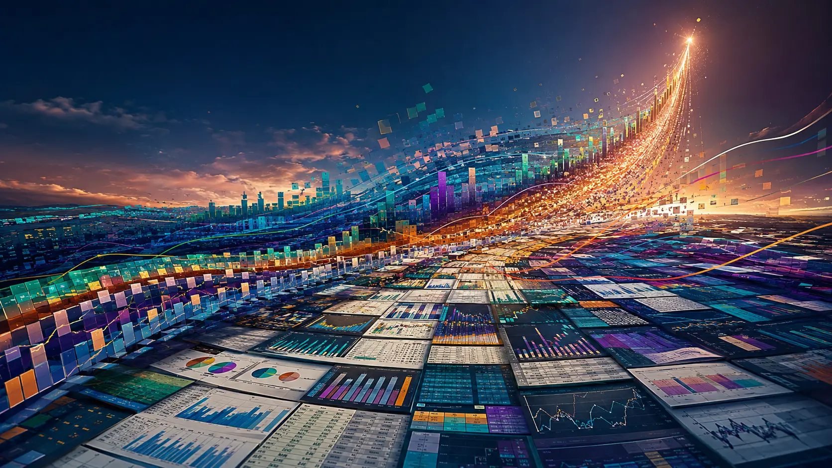 Panoramic Data Landscape With Rising Luminous Analytics Stream
