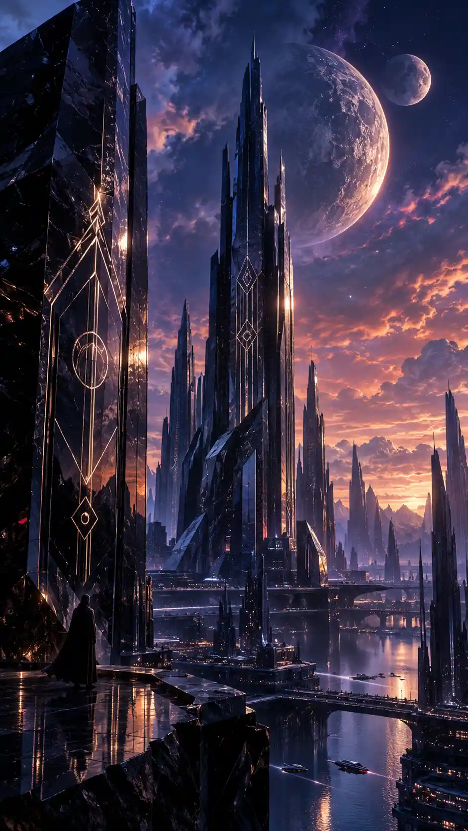 Arranha-céus futuristas de obsidiana sob um céu alienígena vibrante
