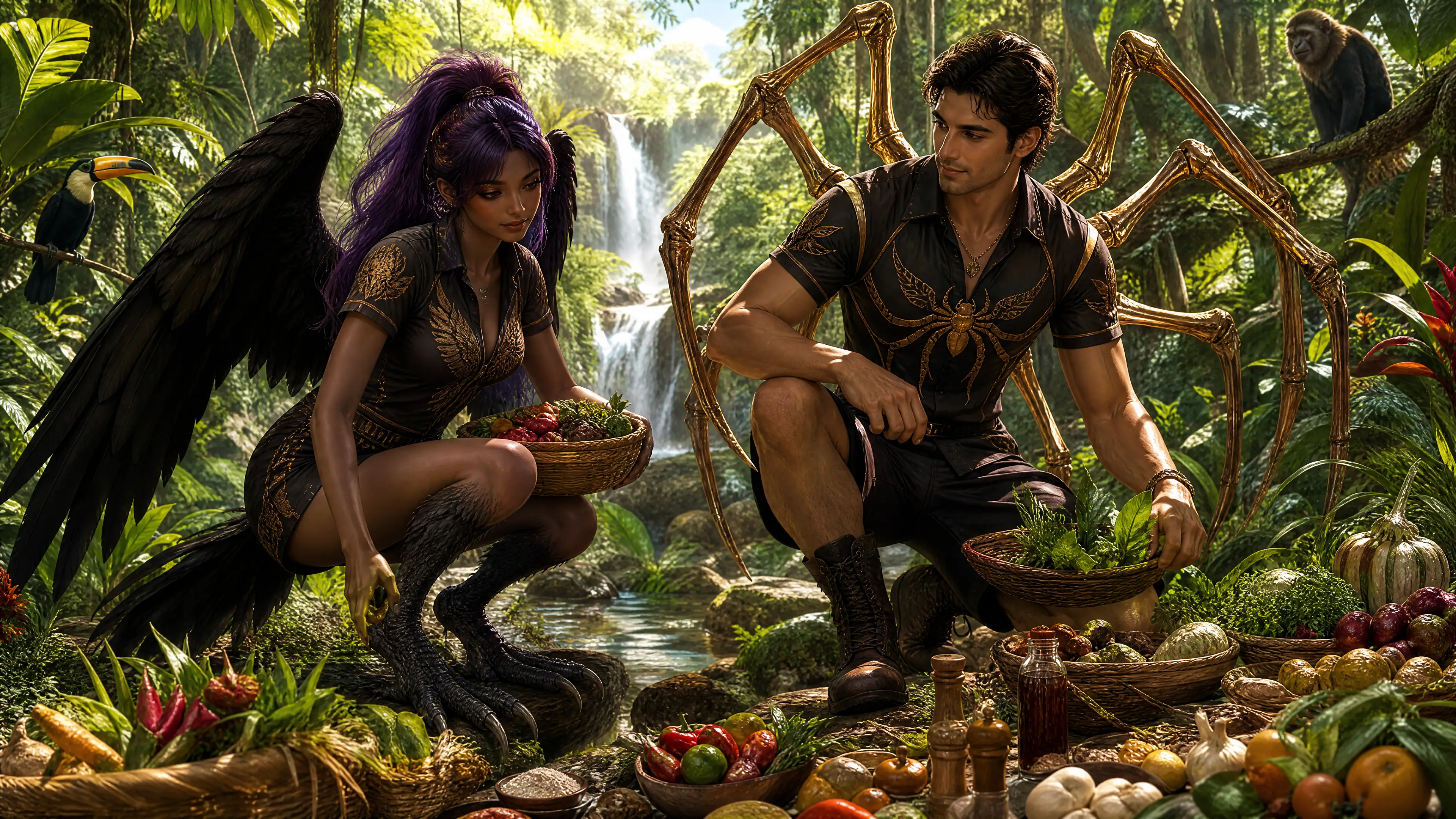 Harpy woman and human chef in lush tropical jungle