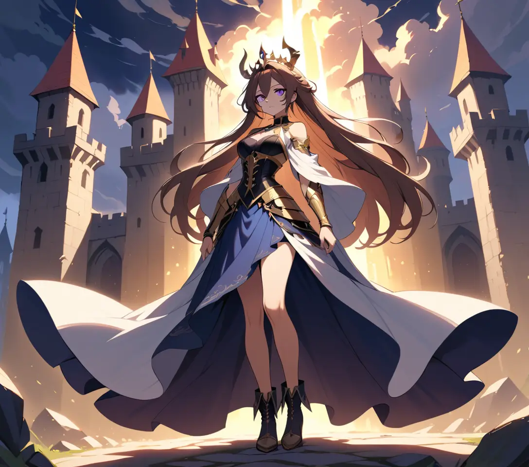 Tiger hybrid warrior woman in ruined medieval castle