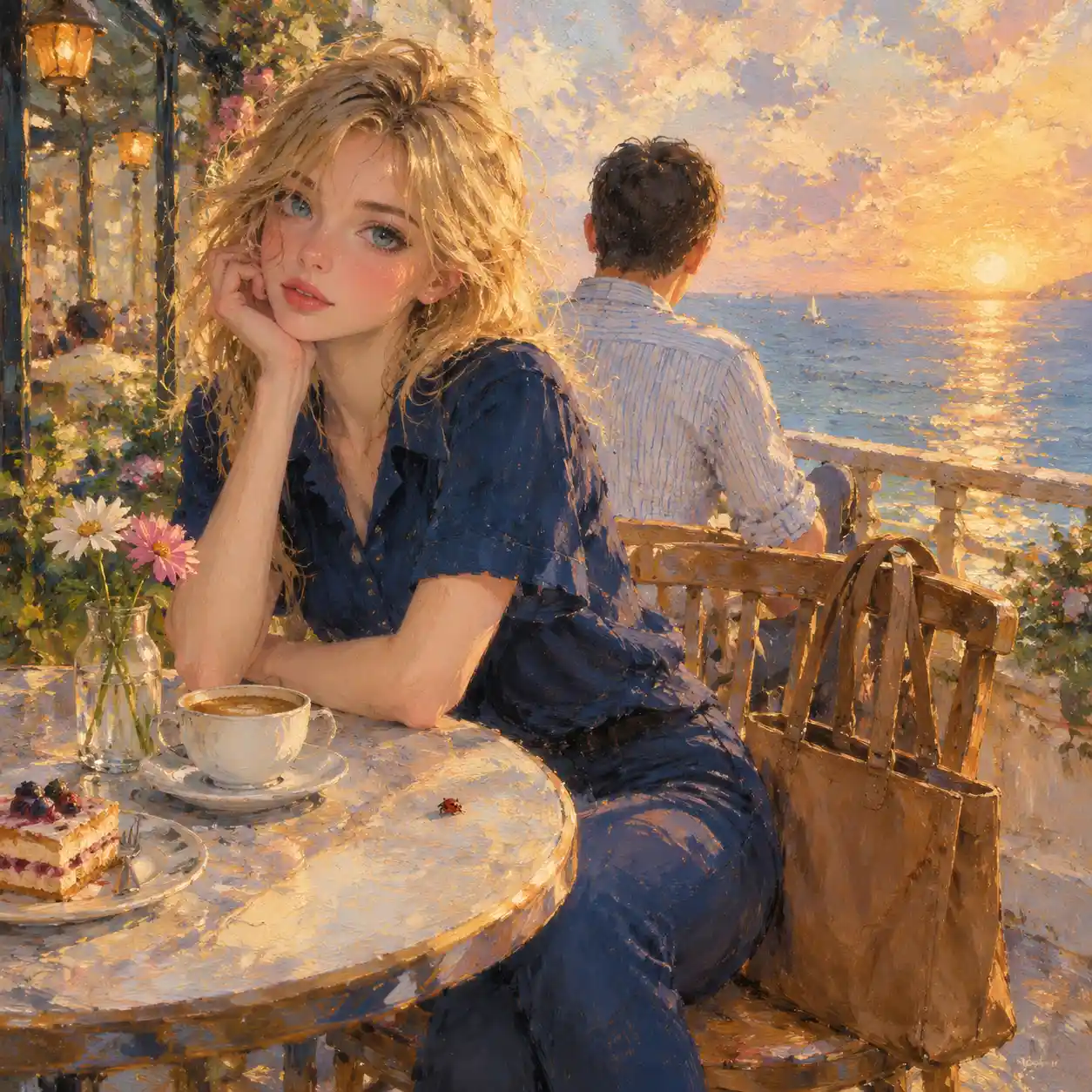 Femme blonde en tenue bleu marine à une table de café en bord de mer