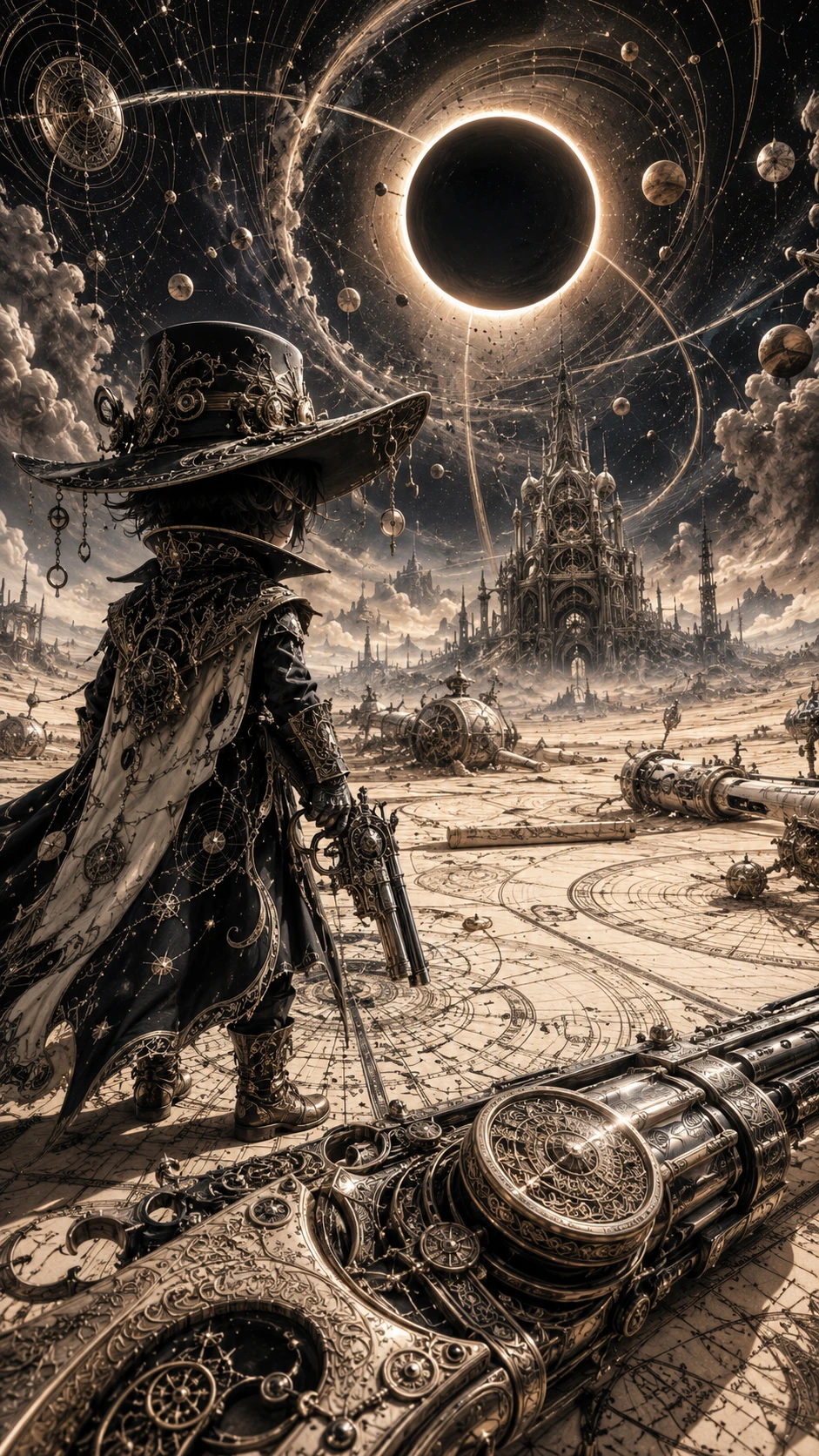 Celestial gunslinger in a vast cosmic desert
