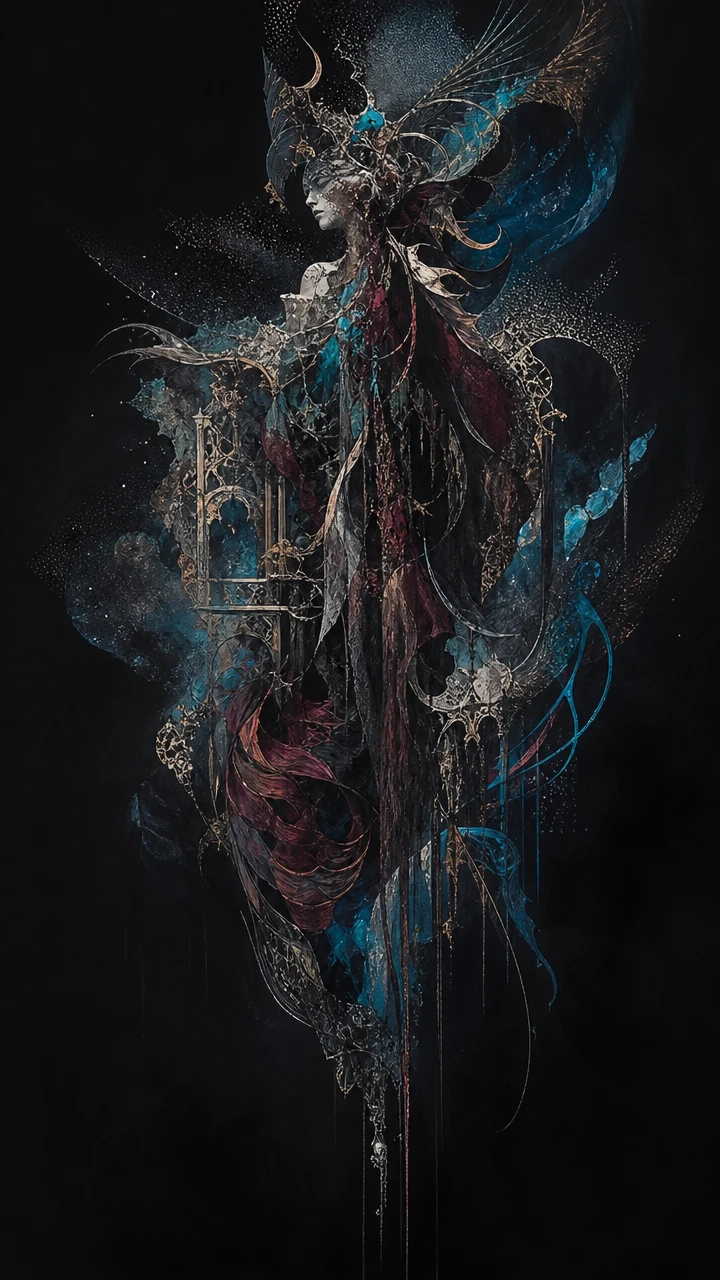 Figura abstracta surreal tejida con cintas orgánicas y fragmentos