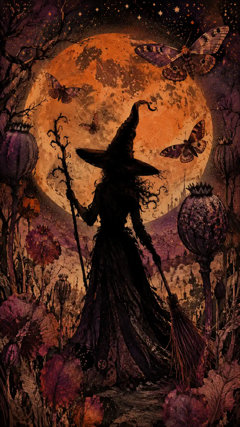 Silhouette d’une sorcière solitaire dans un jardin enchanté à minuit