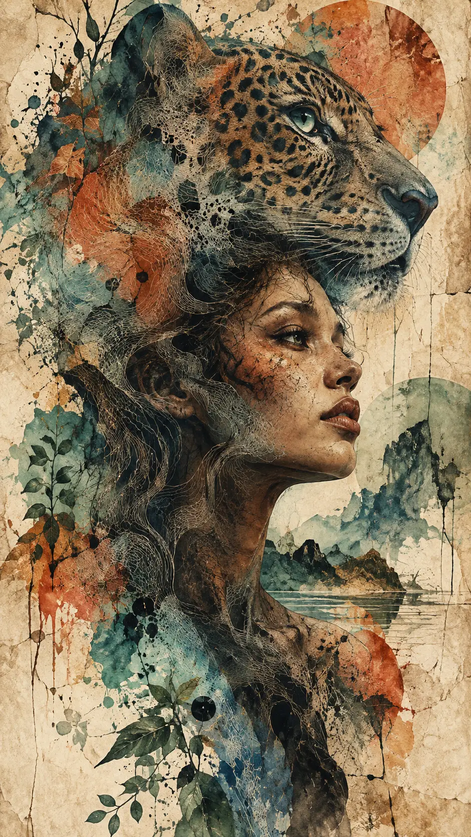 Surreal portrait merging human face with translucent animal form