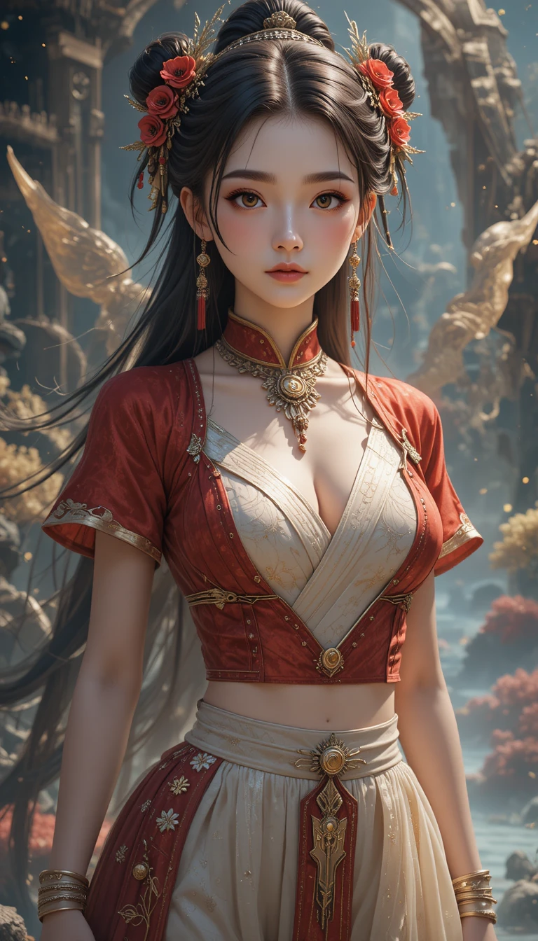 Mujer pandawa de anime con atuendo tradicional rojo y crema
