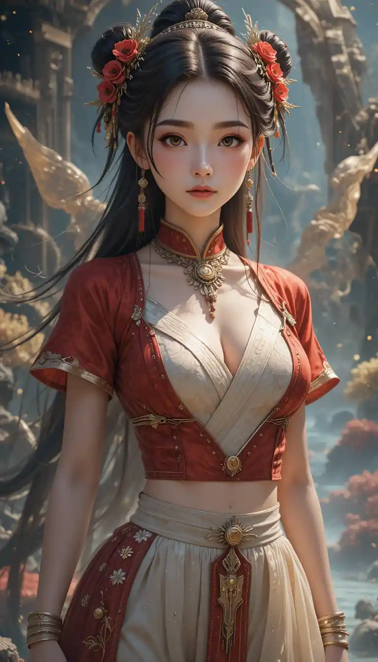 Mujer pandawa de anime con atuendo tradicional rojo y crema