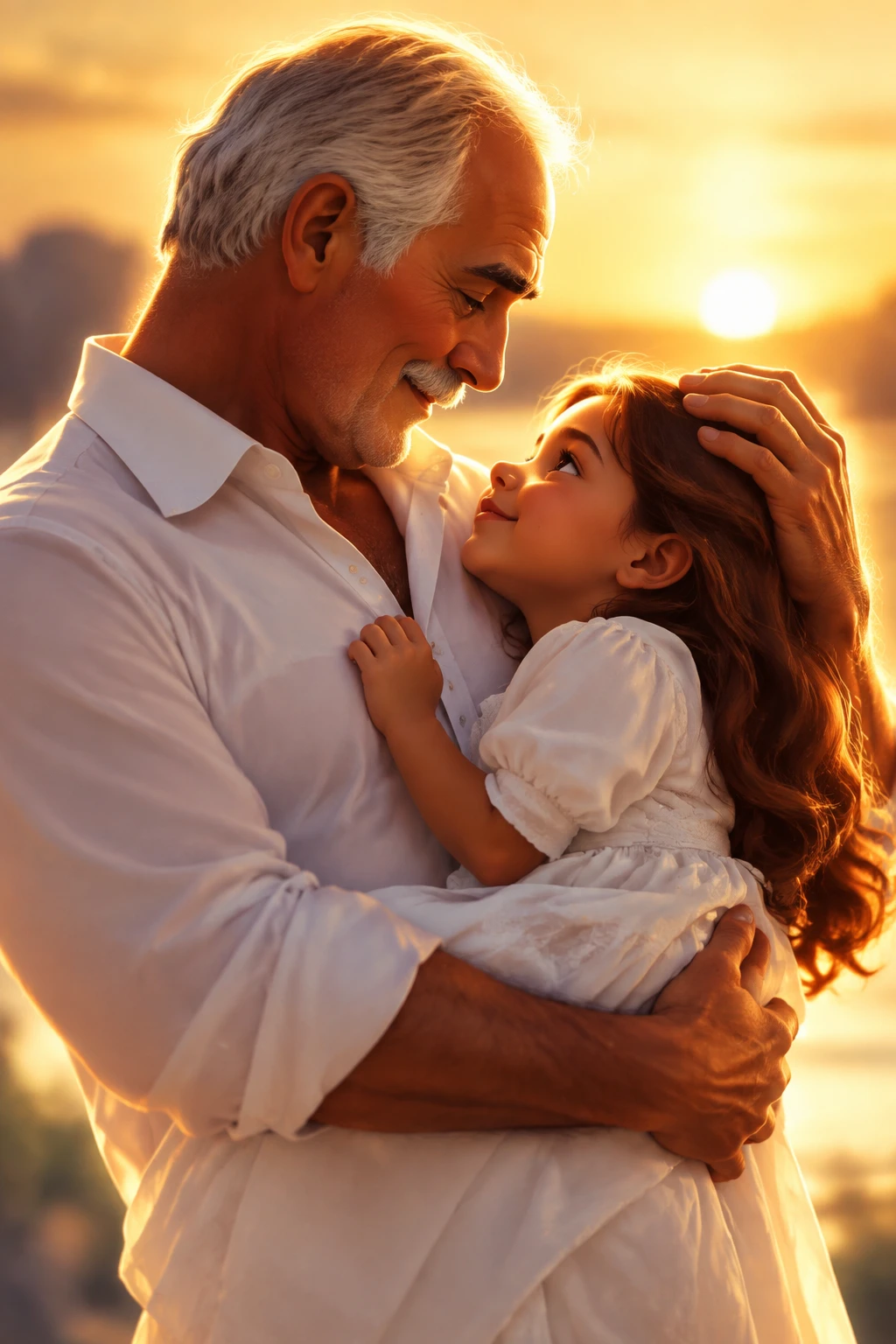 Tender father gently holding his daughter in white clothing