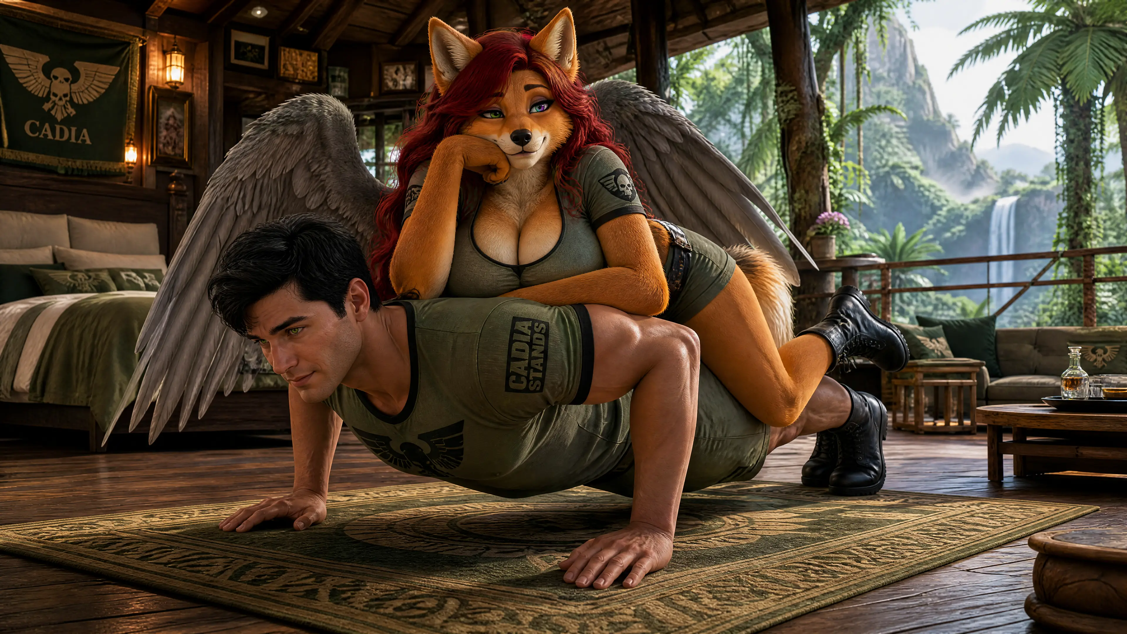 Anthro direwolf relaxing with partner in a jungle treehouse
