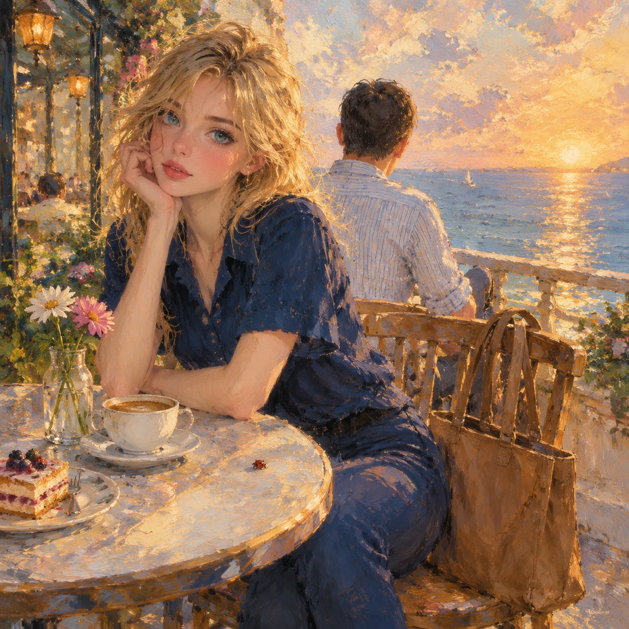Femme blonde en tenue bleu marine à une table de café en bord de mer