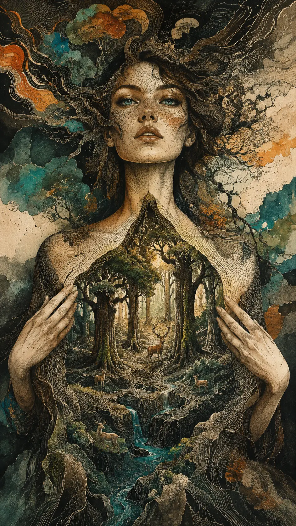 Surreal woman portrait with forest opening from her chest