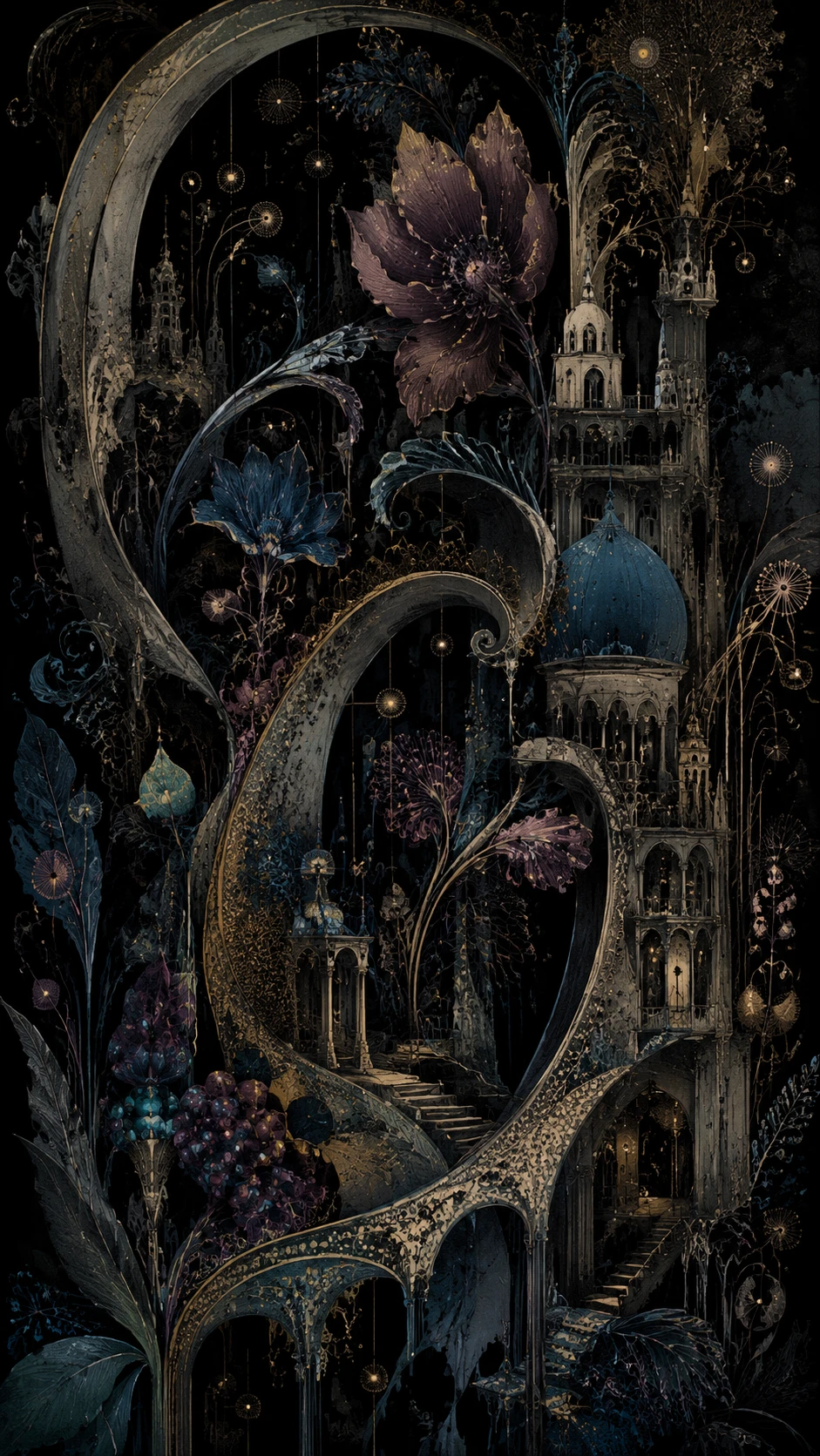 Surreal garden arching through impossible gothic architecture