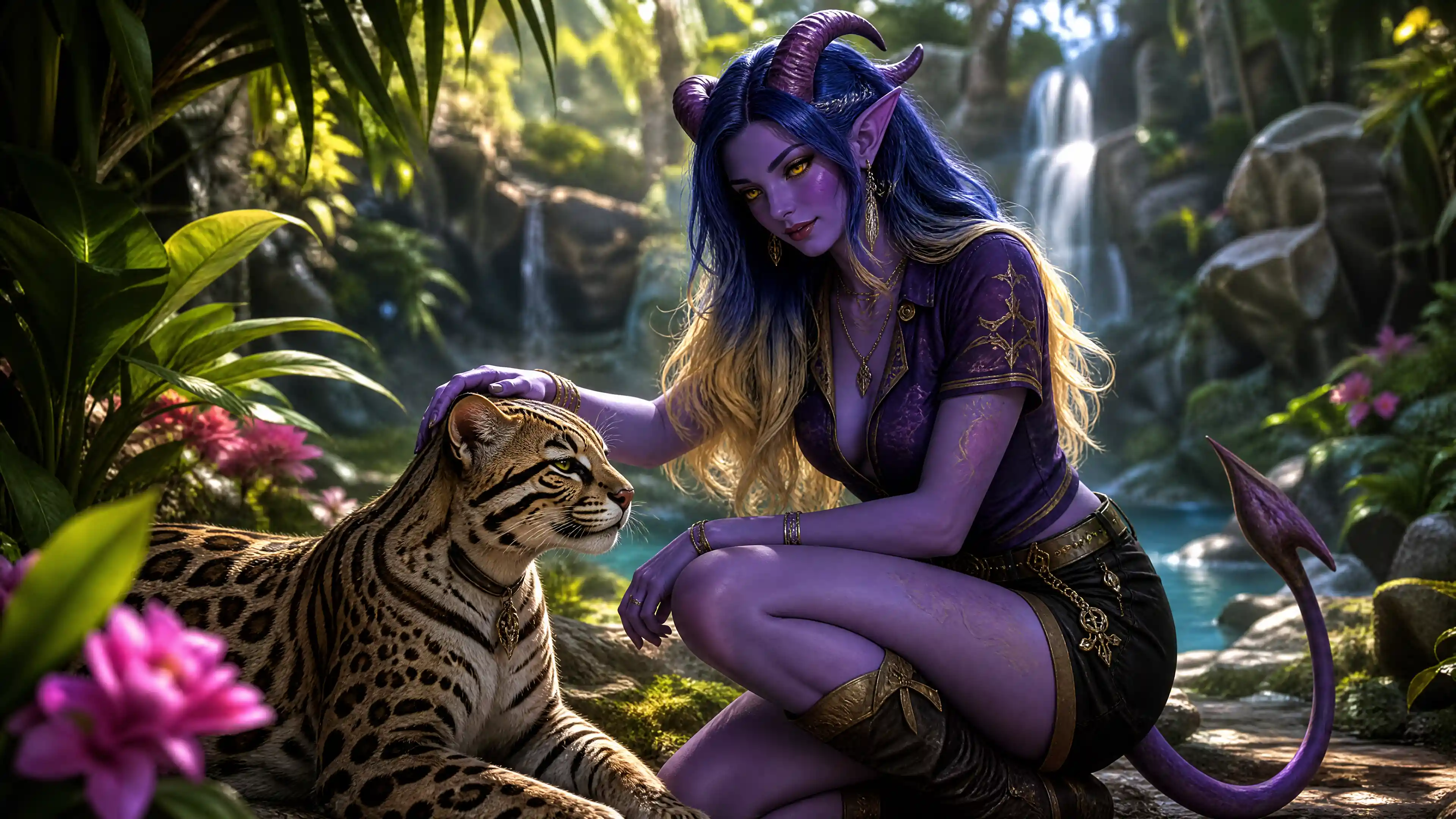 Mujer tiefling púrpura acariciando un ocelote en la jungla