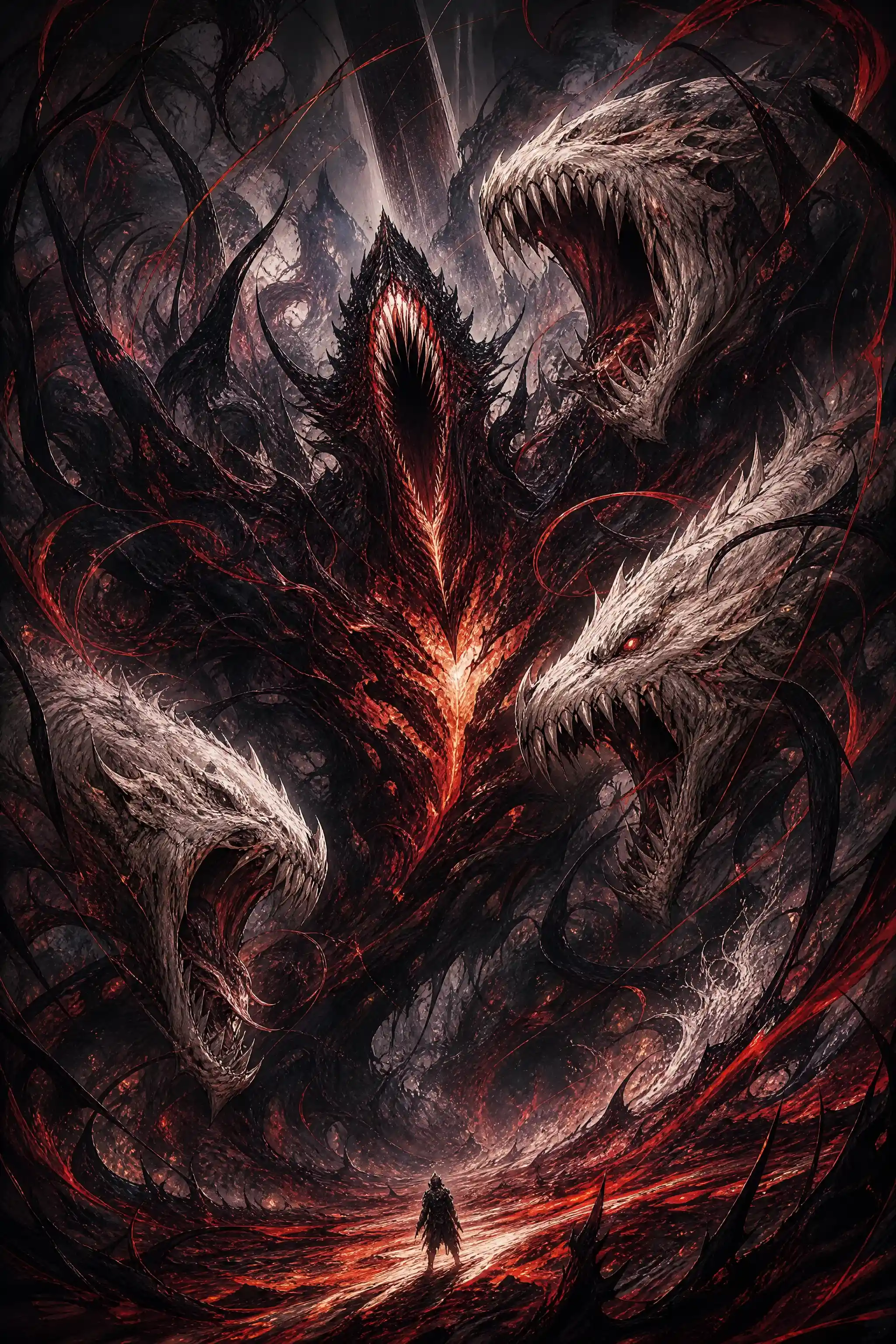 Tiny traveler facing colossal demonic monster in abyss