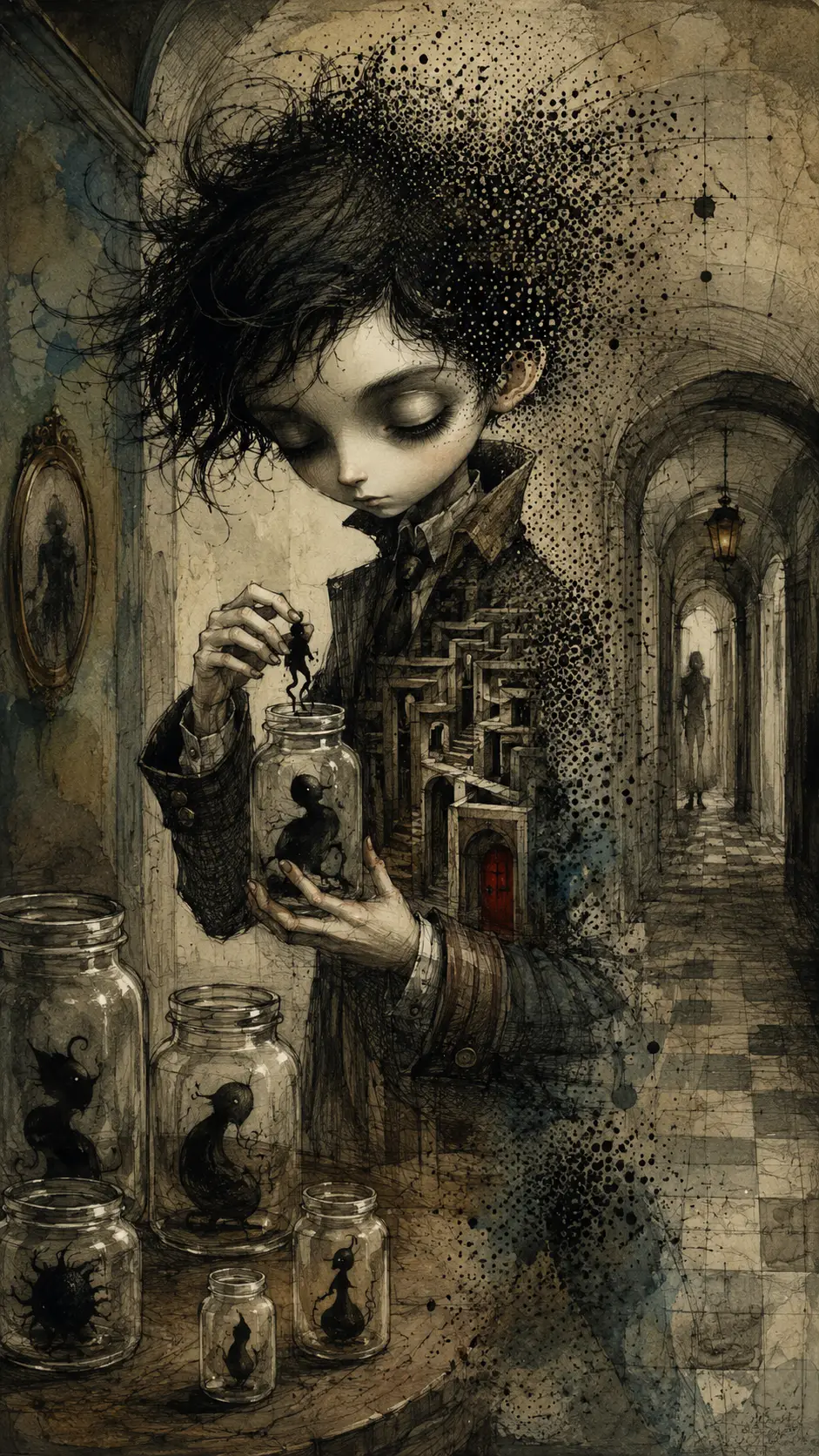 Gothic Boy Collecting Shadows In A Gloomy Hallway
