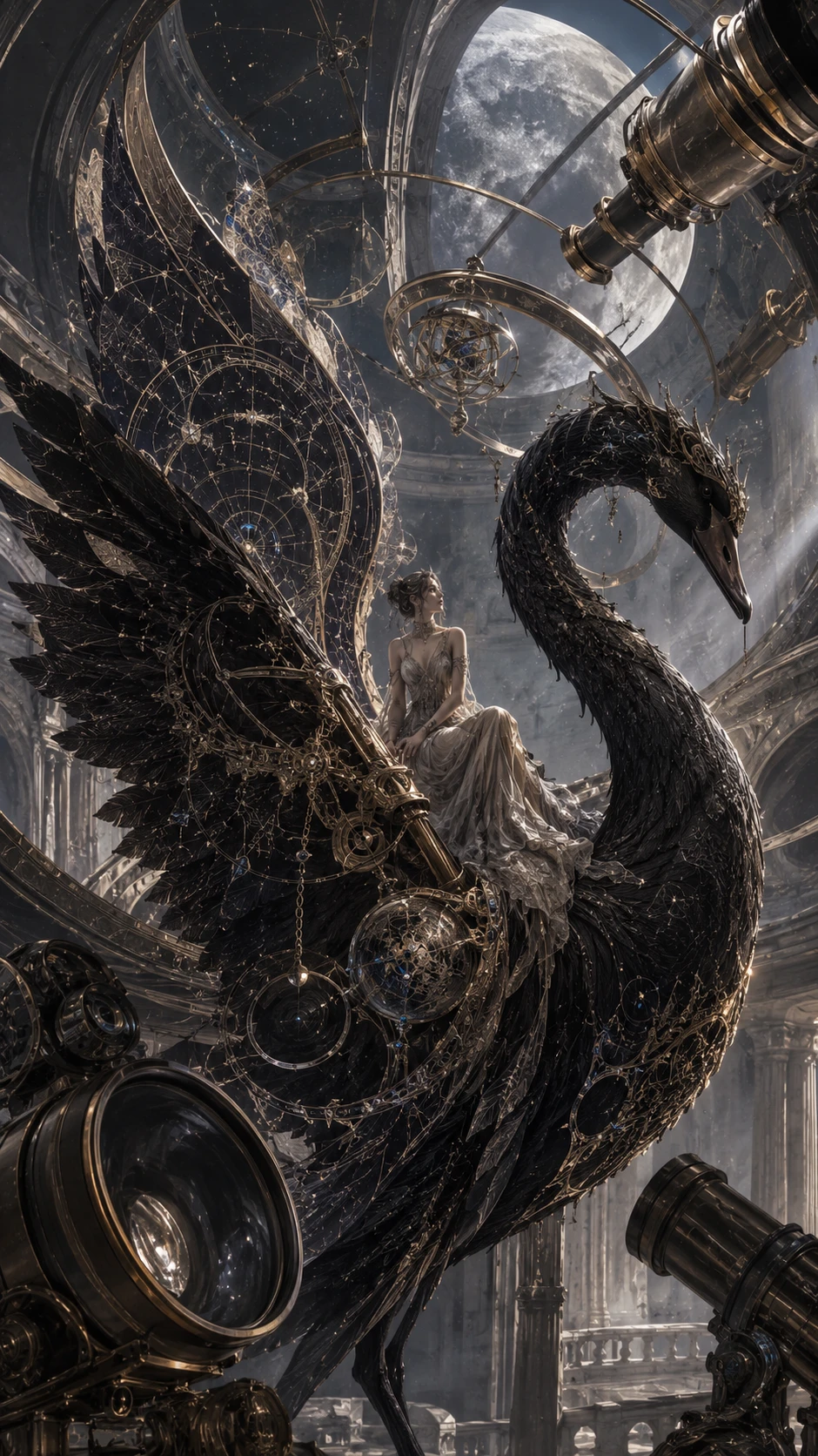 Giant black swan carrying a tiny woman through an observatory