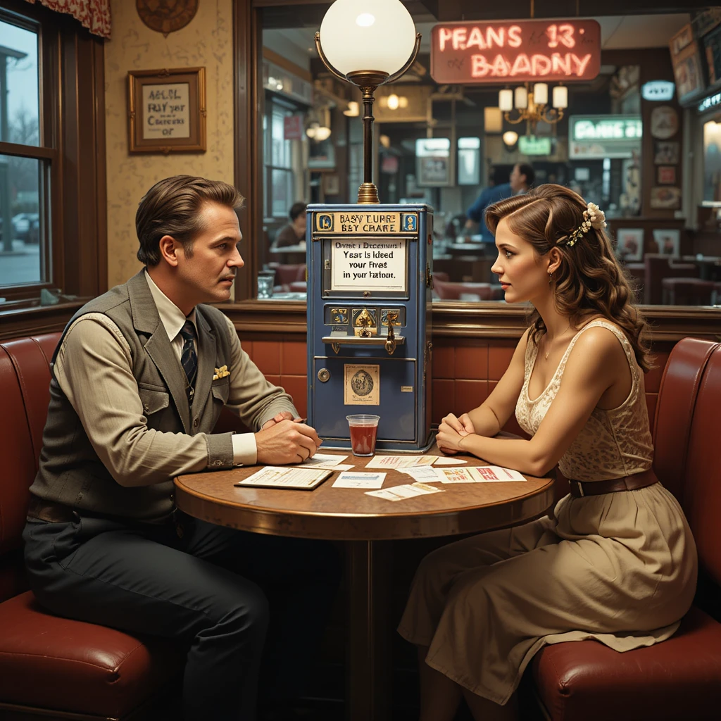 Newlyweds at a diner table with a fortune teller machine