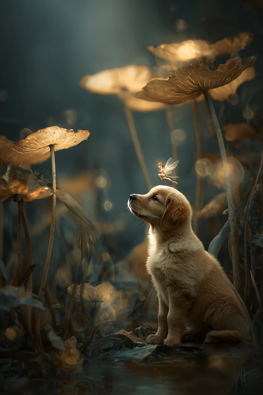 Golden-Retriever-Welpe mit Fee in leuchtendem Löwenzahnfeld